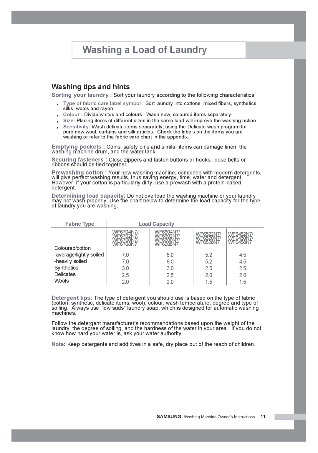 Samsung WF7358N7W/YLW, WF7350N7W/YLR, WF6450N7W/YLW, WF6450N7W/YLR manual Washing tips and hints, Fabric Type Load Capacity 