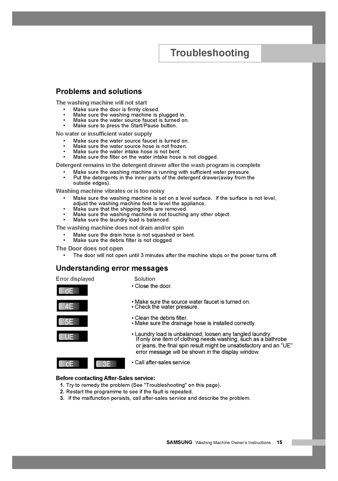 Samsung WF6528N7W/YLR, WF7350N7W/YLR, WF6450N7W/YLW Troubleshooting, Problems and solutions, Understanding error messages 