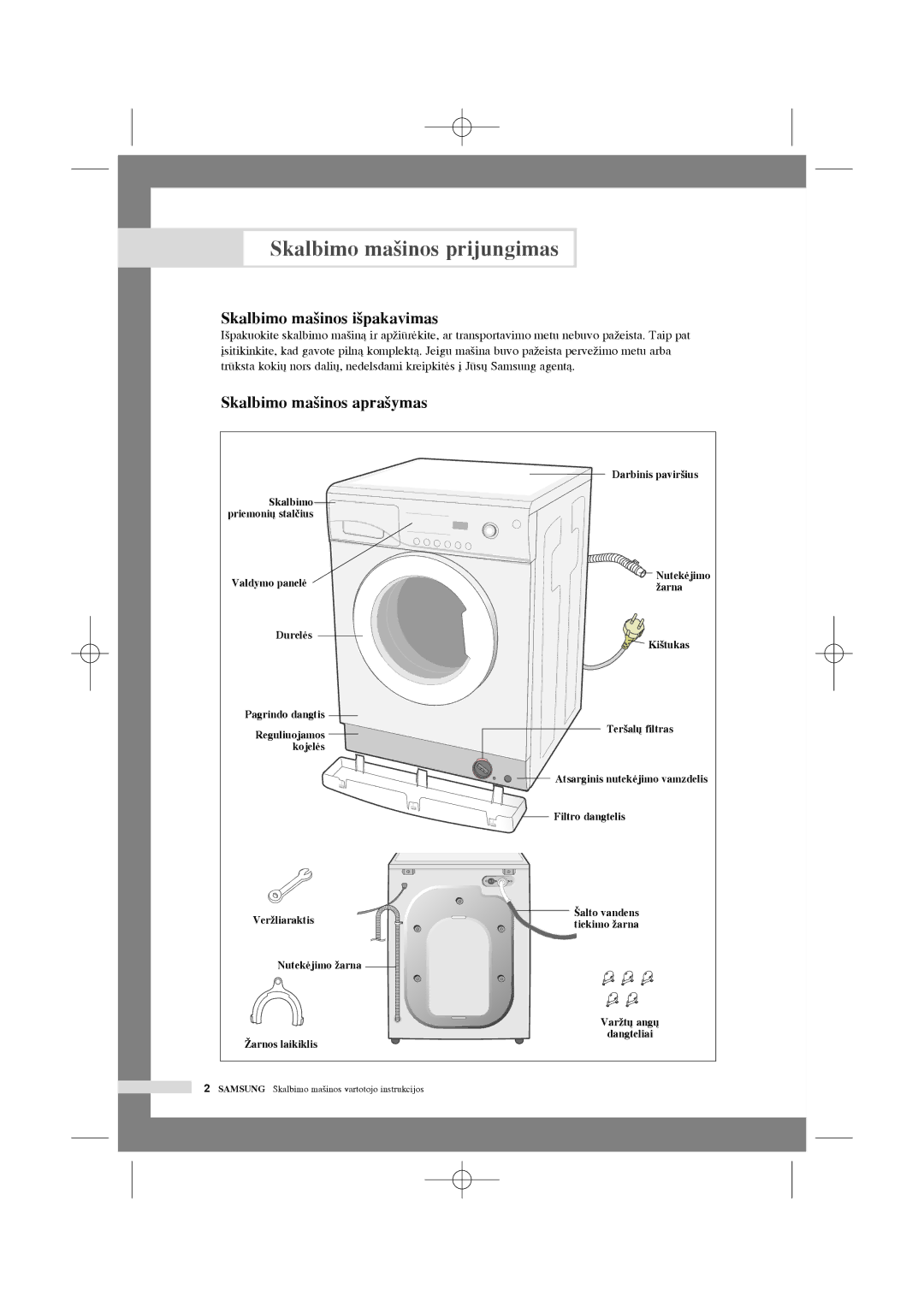 Samsung WF6520N7W/YLR manual Skalbimo ma‰inos prijungimas, Skalbimo ma‰inos i‰pakavimas, Skalbimo ma‰inos apra‰ymas 