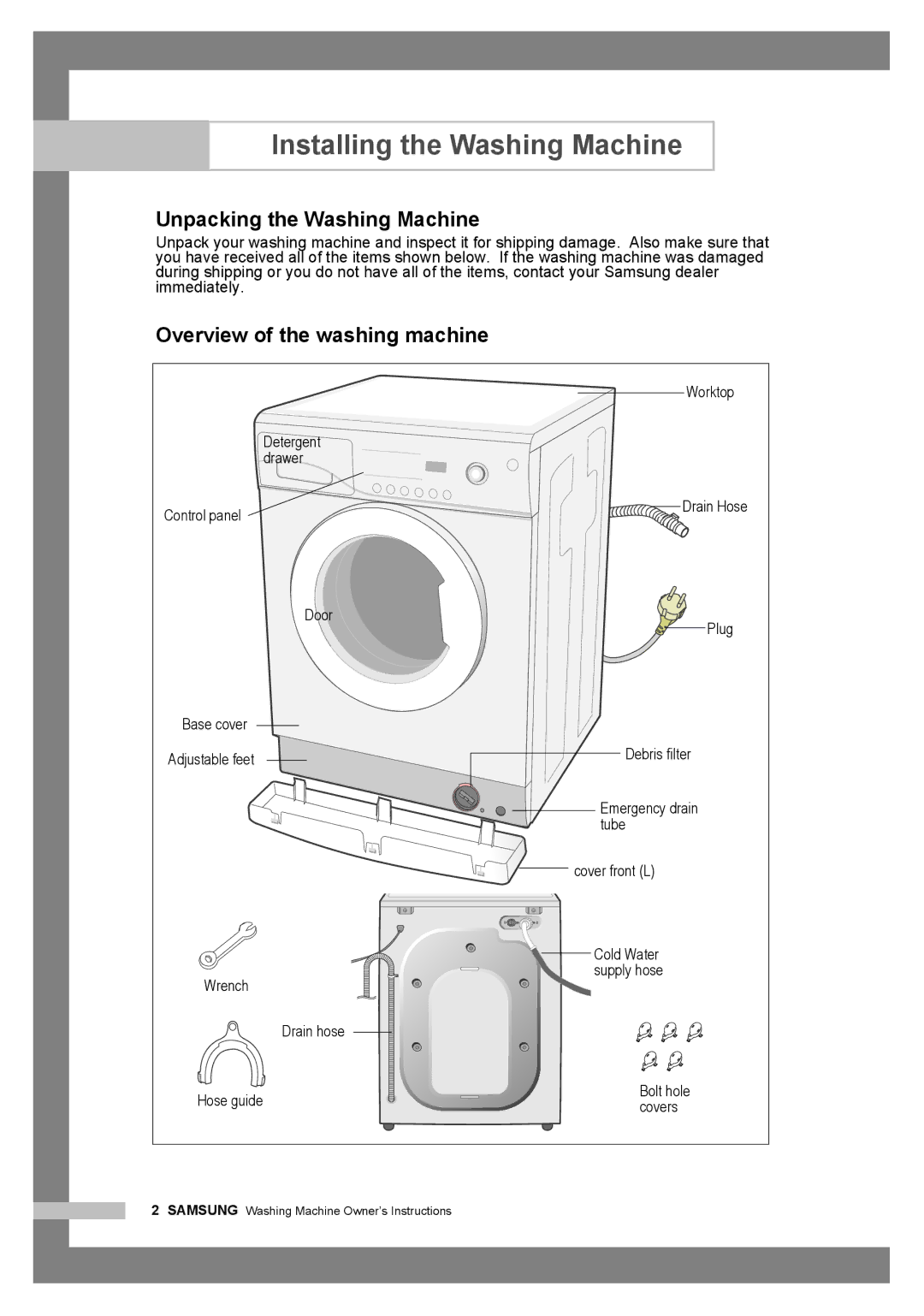 Samsung WF6520N7W/YLR manual Installing the Washing Machine, Unpacking the Washing Machine, Overview of the washing machine 