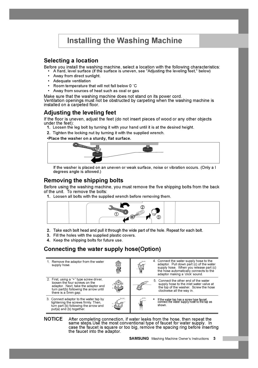 Samsung WF6458N7W/YLR, WF7350N7W/YLR manual Selecting a location, Adjusting the leveling feet, Removing the shipping bolts 