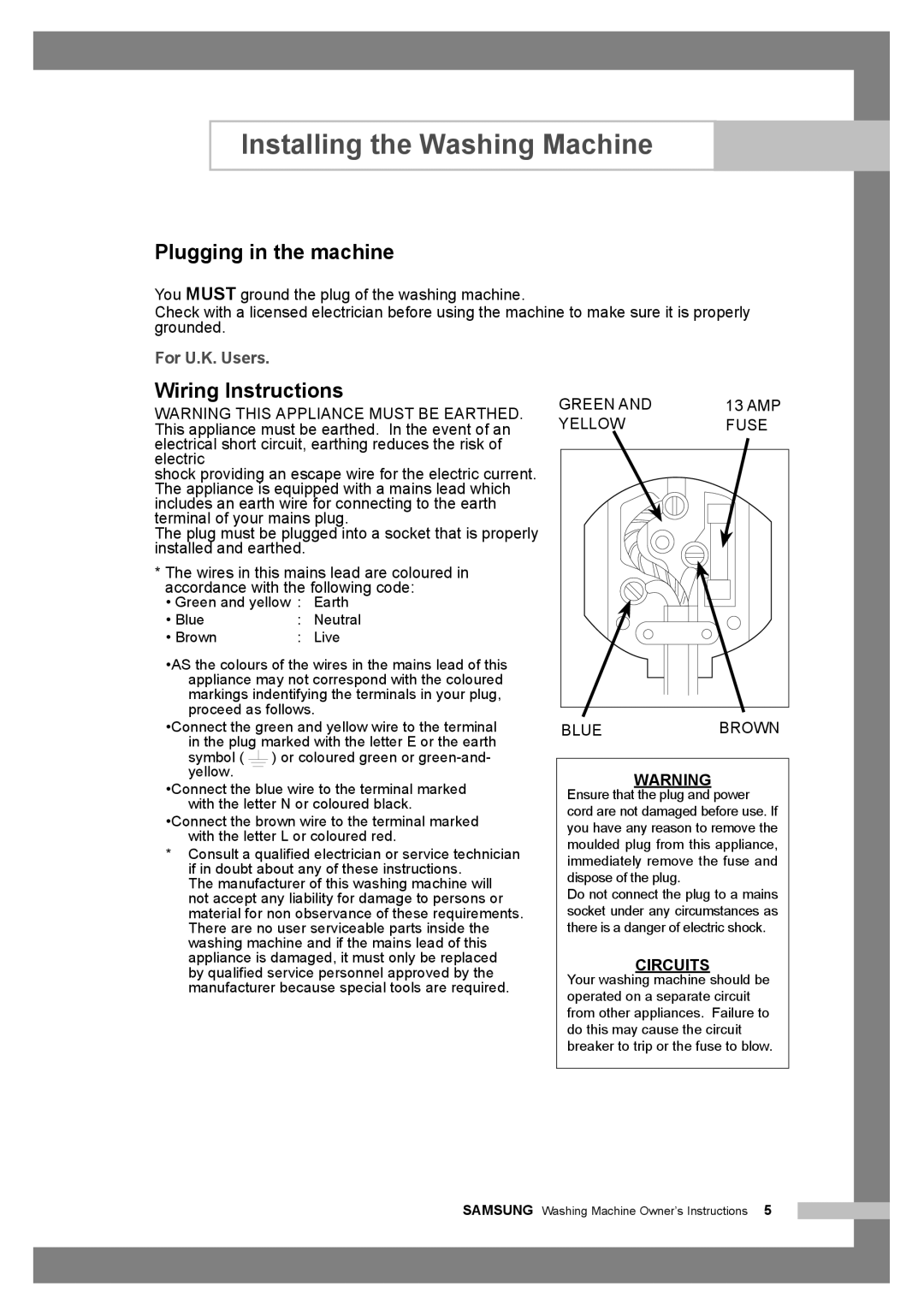 Samsung WF6458N7W/YLP, WF7350N7W/YLR, WF6450N7W/YLW Plugging in the machine, Wiring lnstructions, For U.K. Users, 13 AMP 