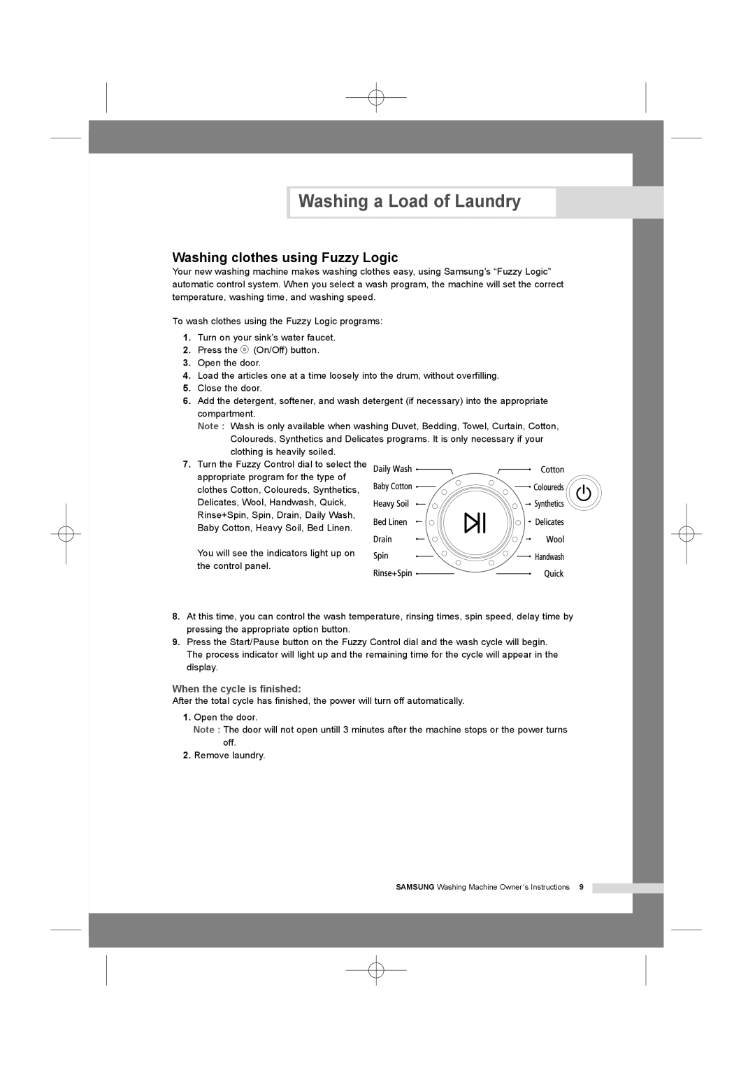 Samsung WF7350N7W/YLW, WF7350N7W/YLR, WF6528N7W/YLR manual Washing clothes using Fuzzy Logic, When the cycle is finished 