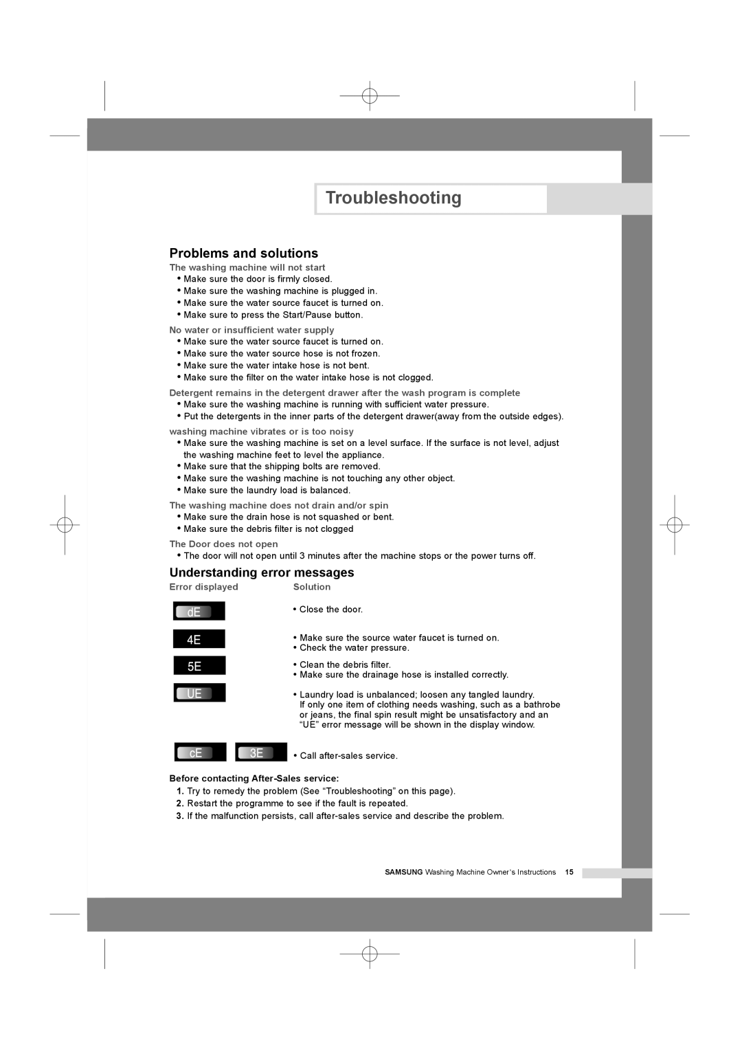 Samsung WF6458N7W/YLR, WF7350N7W/YLR, WF6528N7W/YLR Troubleshooting, Problems and solutions, Understanding error messages 