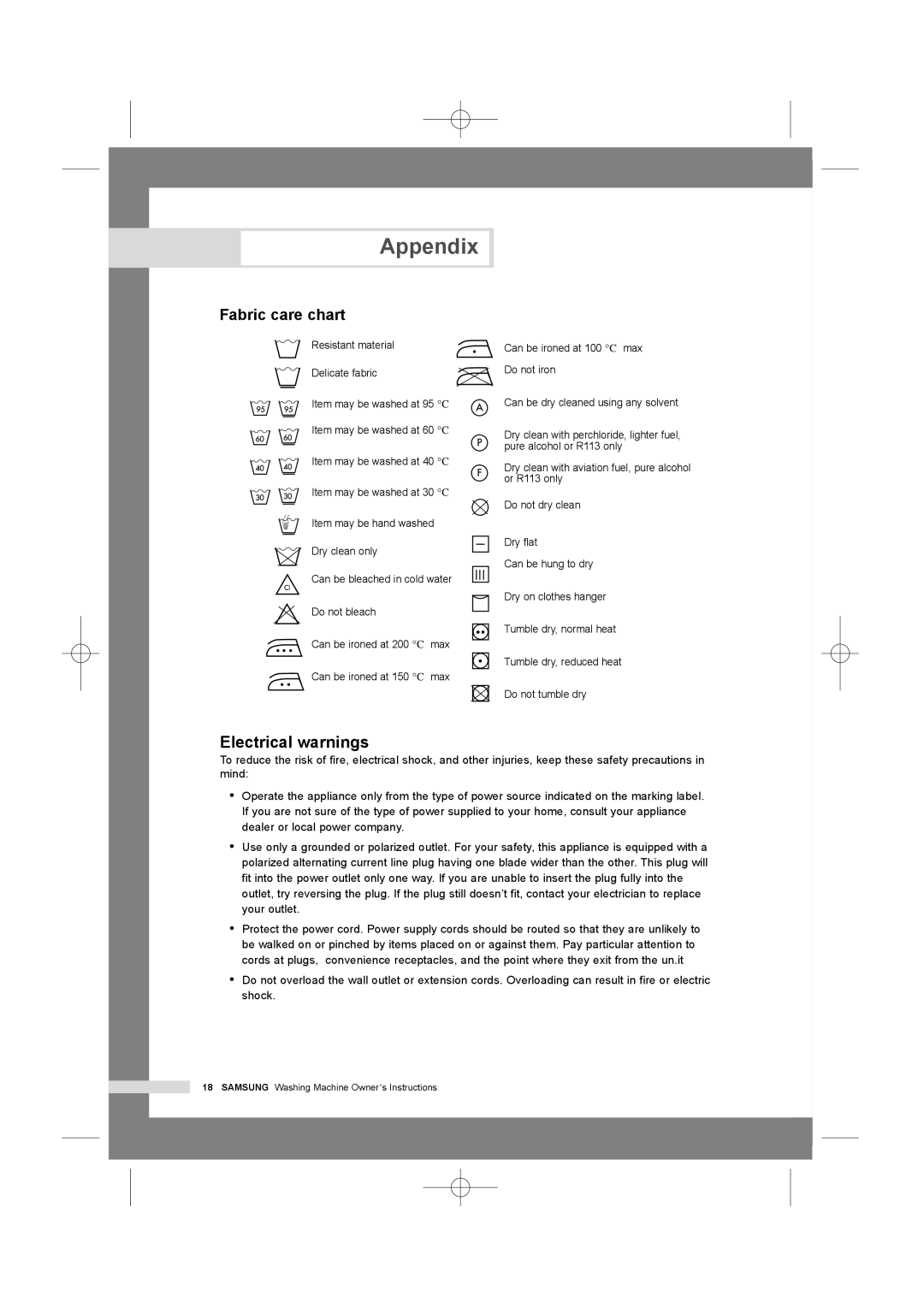 Samsung WF6528N7W/YLR, WF7350N7W/YLR, WF6458N7W/YLW, WF6528N7W/YLW manual Appendix, Electrical warnings, Fabric care chart 