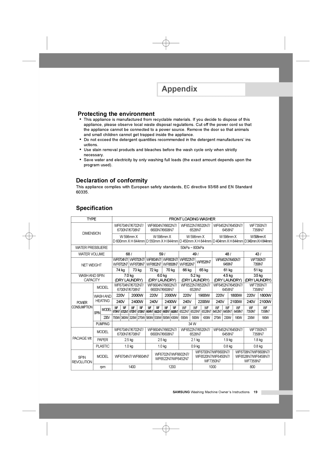 Samsung WF6458N7W/YLW, WF7350N7W/YLR, WF6528N7W/YLR Protecting the environment, Declaration of conformity, Specification 