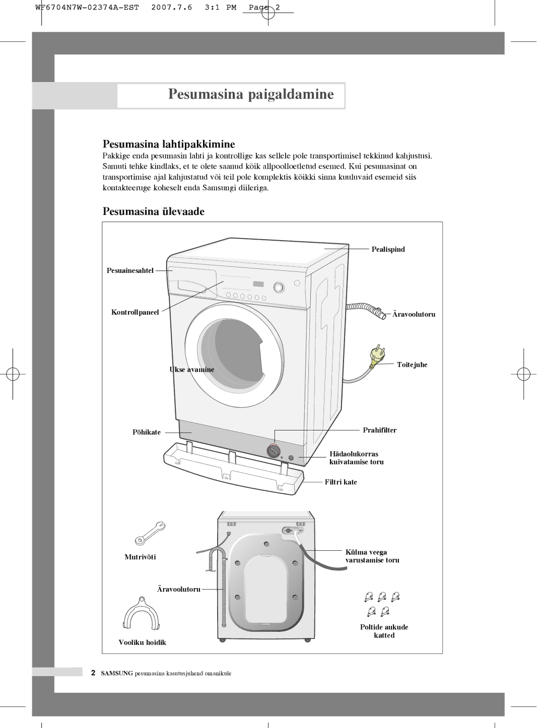 Samsung WF6458N7W/YLW, WF7350N7W/YLR, WF6528N7W/YLR Pesumasina paigaldamine, Pesumasina lahtipakkimine, Pesumasina ülevaade 