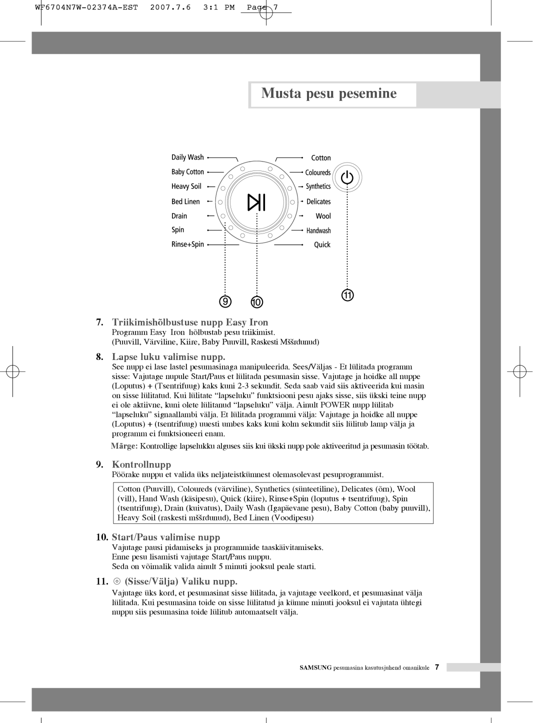 Samsung WF7350N7W/YLR, WF6528N7W/YLR, WF6458N7W/YLW, WF6528N7W/YLW, WF6520N7W/YLR manual Triikimishõlbustuse nupp Easy Iron 