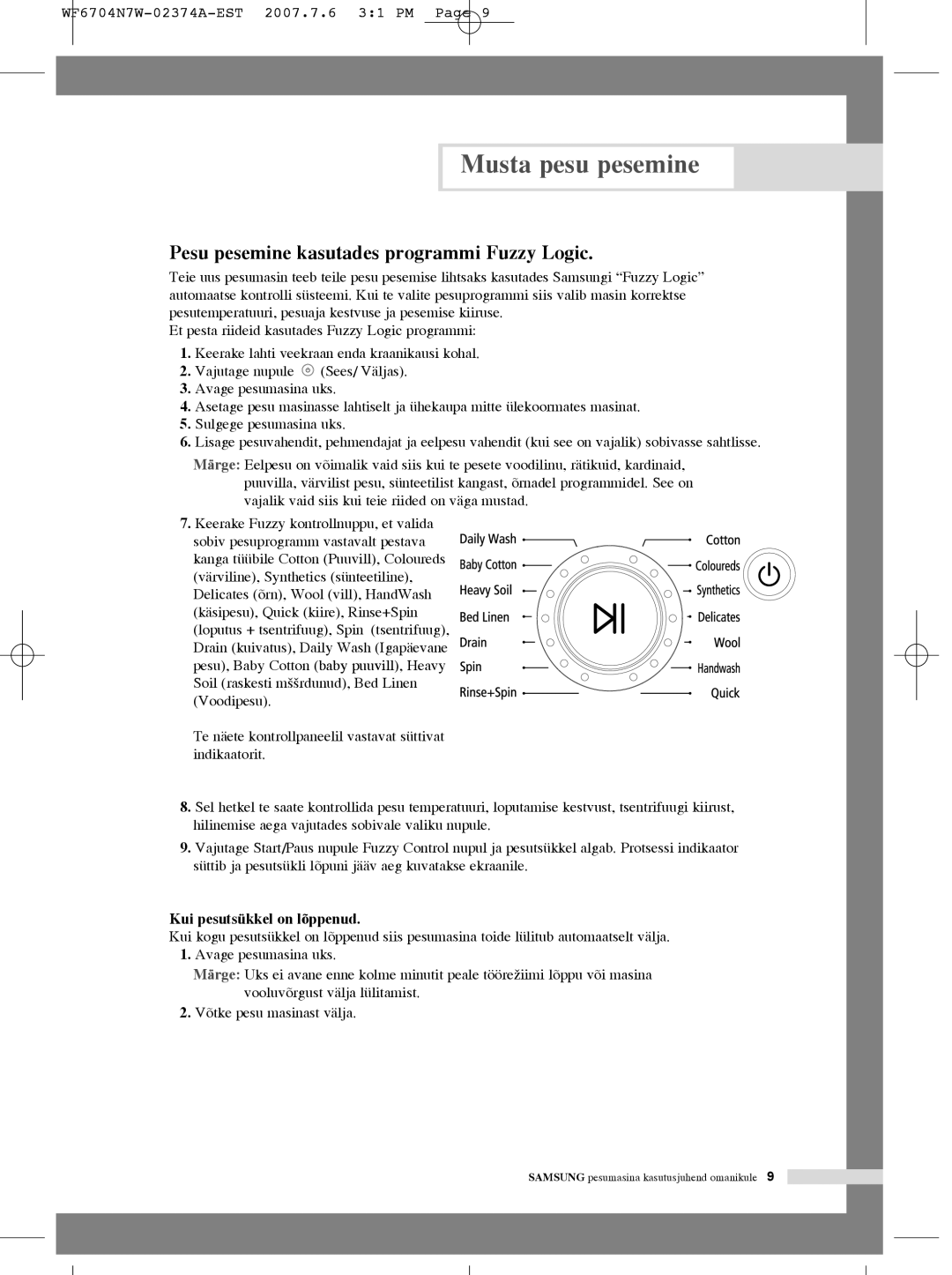 Samsung WF6458N7W/YLW, WF7350N7W/YLR manual Pesu pesemine kasutades programmi Fuzzy Logic, Kui pesutsükkel on lõppenud 
