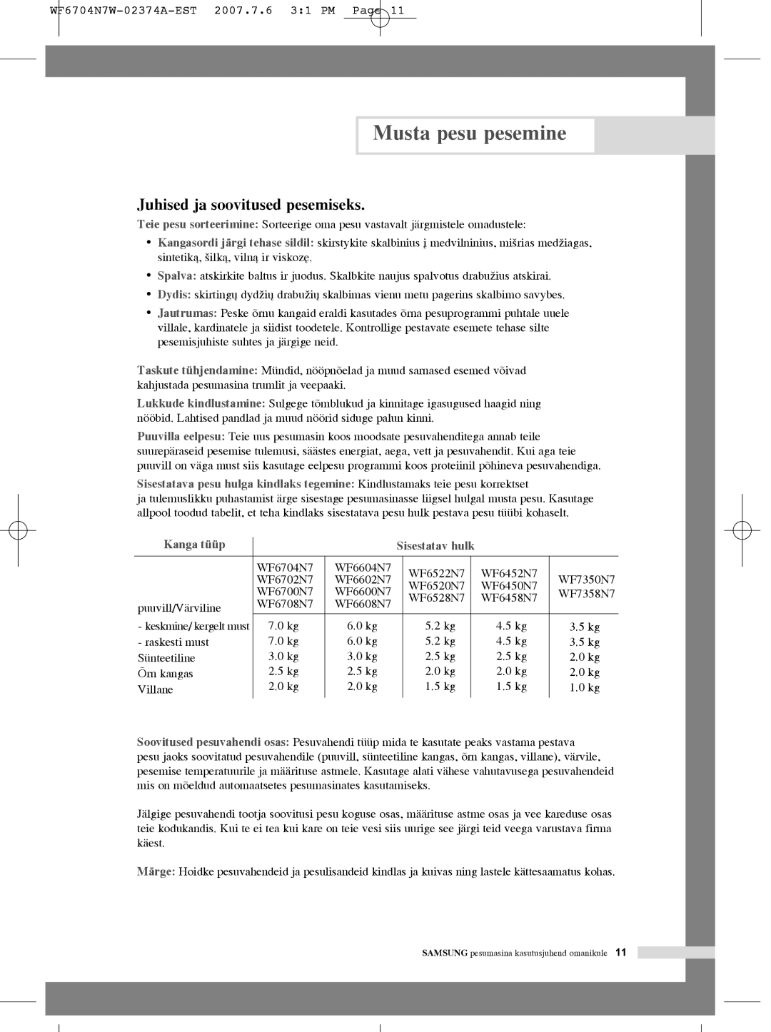 Samsung WF6520N7W/YLR, WF7350N7W/YLR, WF6528N7W/YLR, WF6458N7W/YLW, WF6528N7W/YLW manual Juhised ja soovitused pesemiseks 