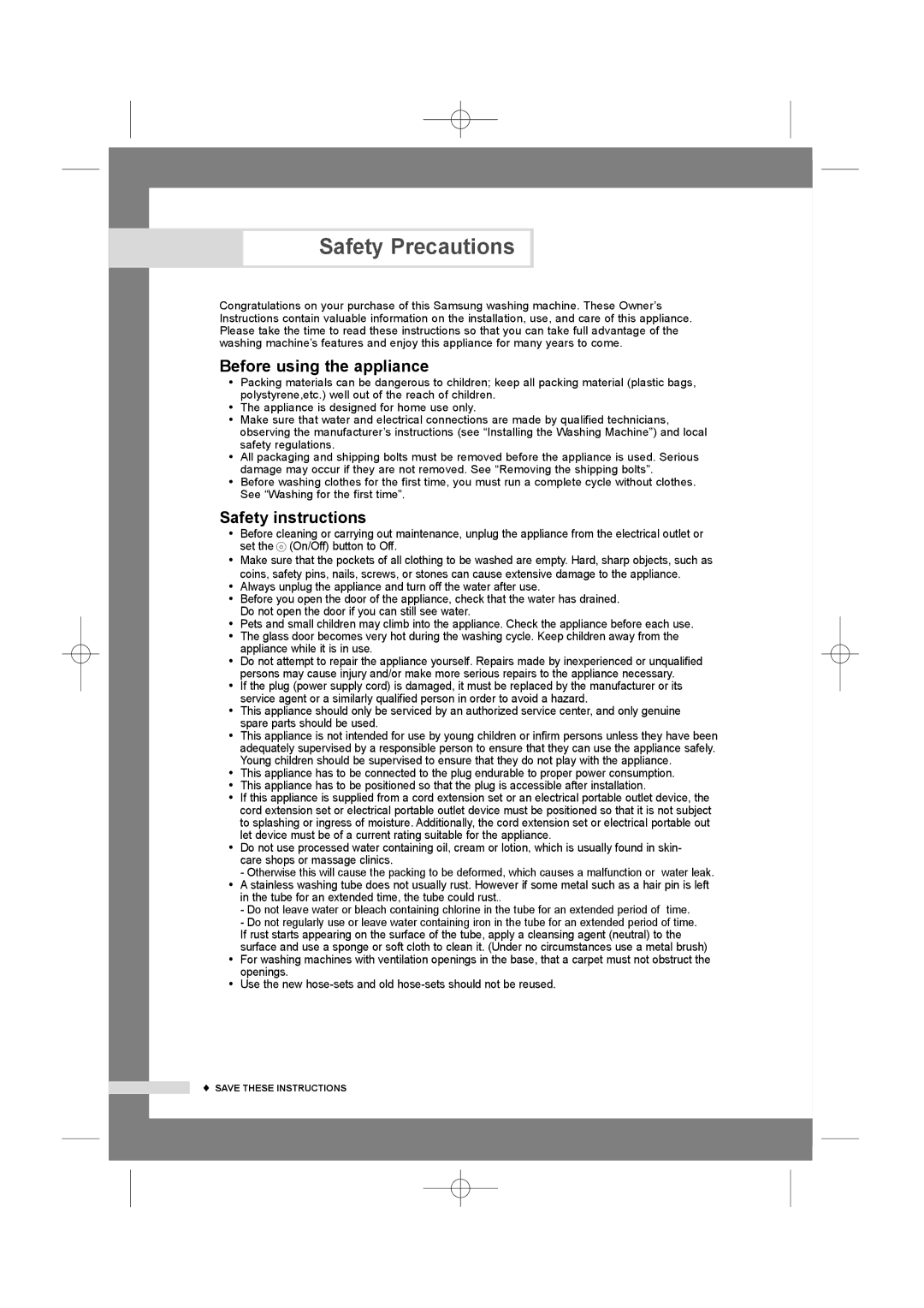 Samsung WF6520N7W/YLR, WF7350N7W/YLR, WF6528N7W/YLR Safety Precautions, Before using the appliance, Safety instructions 