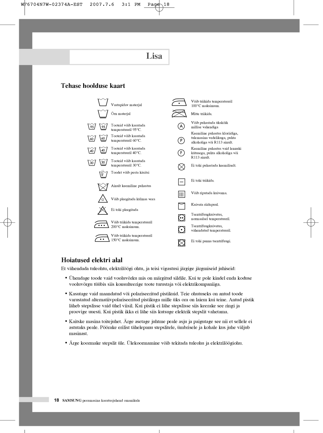 Samsung WF6520N7W/YLR, WF7350N7W/YLR, WF6528N7W/YLR, WF6458N7W/YLW manual Lisa, Tehase hoolduse kaart, Hoiatused elektri alal 