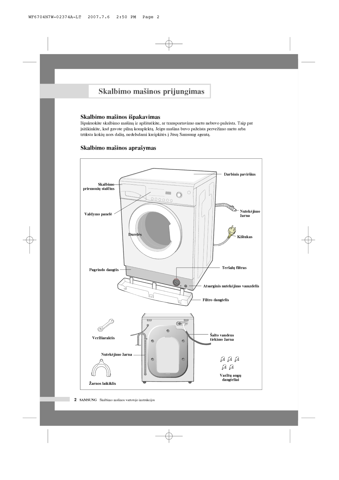 Samsung WF6458N7W/YLR manual Skalbimo ma‰inos prijungimas, Skalbimo ma‰inos i‰pakavimas, Skalbimo ma‰inos apra‰ymas 