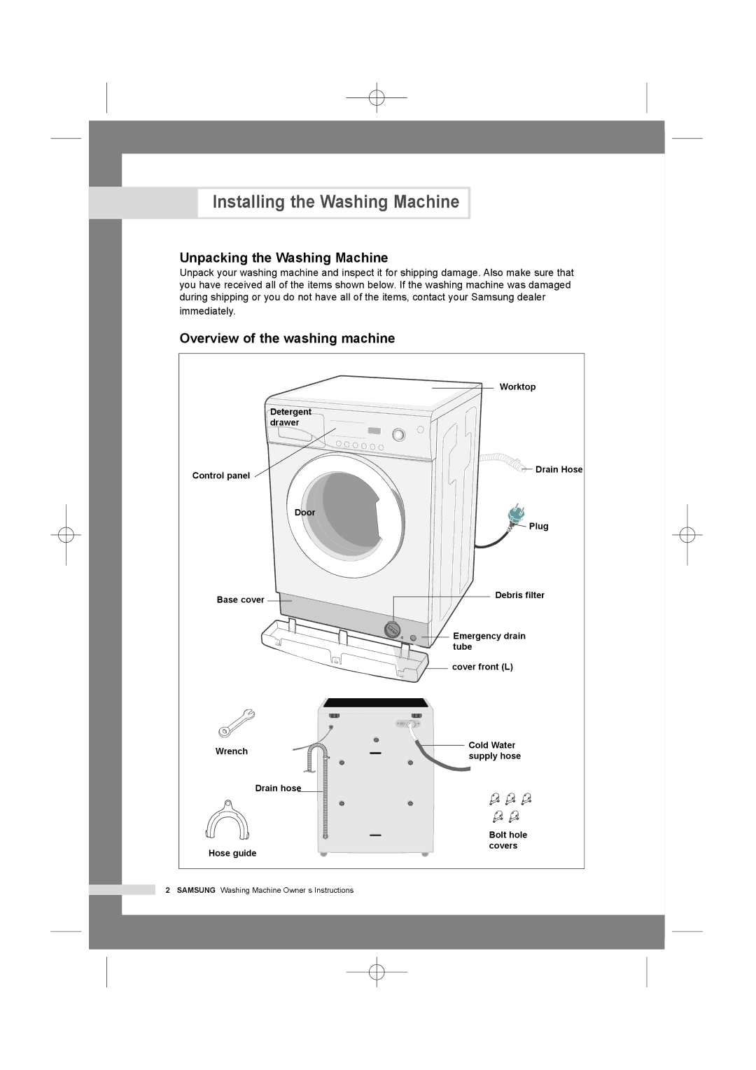 Samsung WF7350N7W/YLW manual Installing the Washing Machine, Unpacking the Washing Machine, Overview of the washing machine 