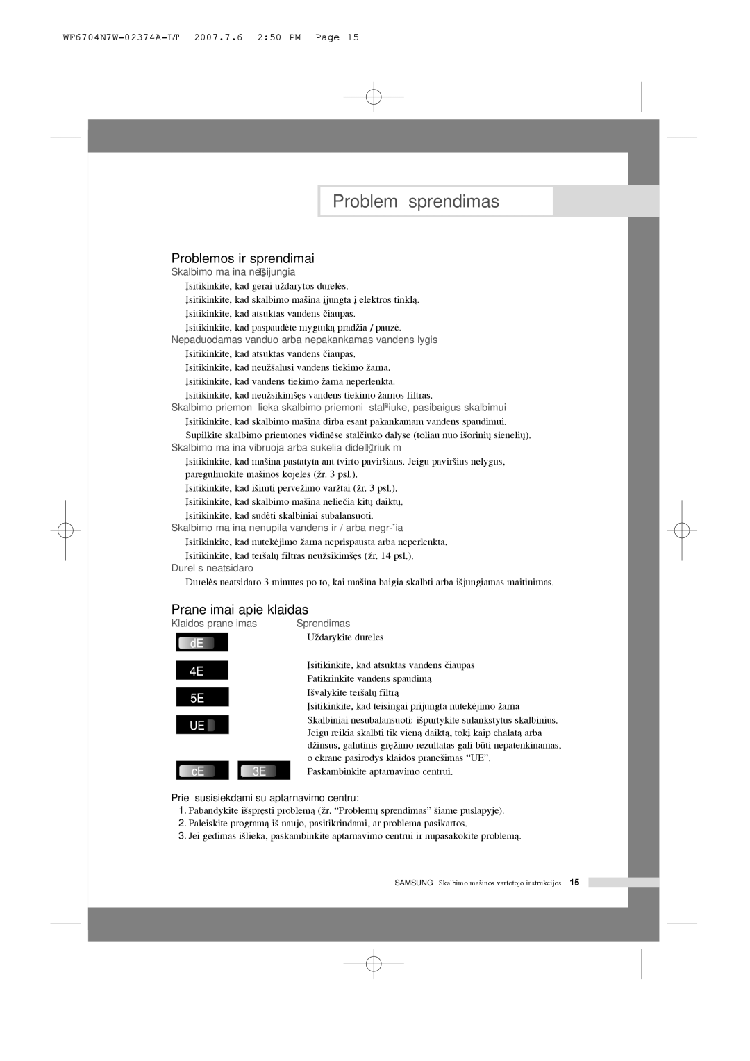 Samsung WF6520N7W/YLR, WF7350N7W/YLR, WF6528N7W/YLR Problem˜ sprendimas, Problemos ir sprendimai, Prane‰imai apie klaidas 