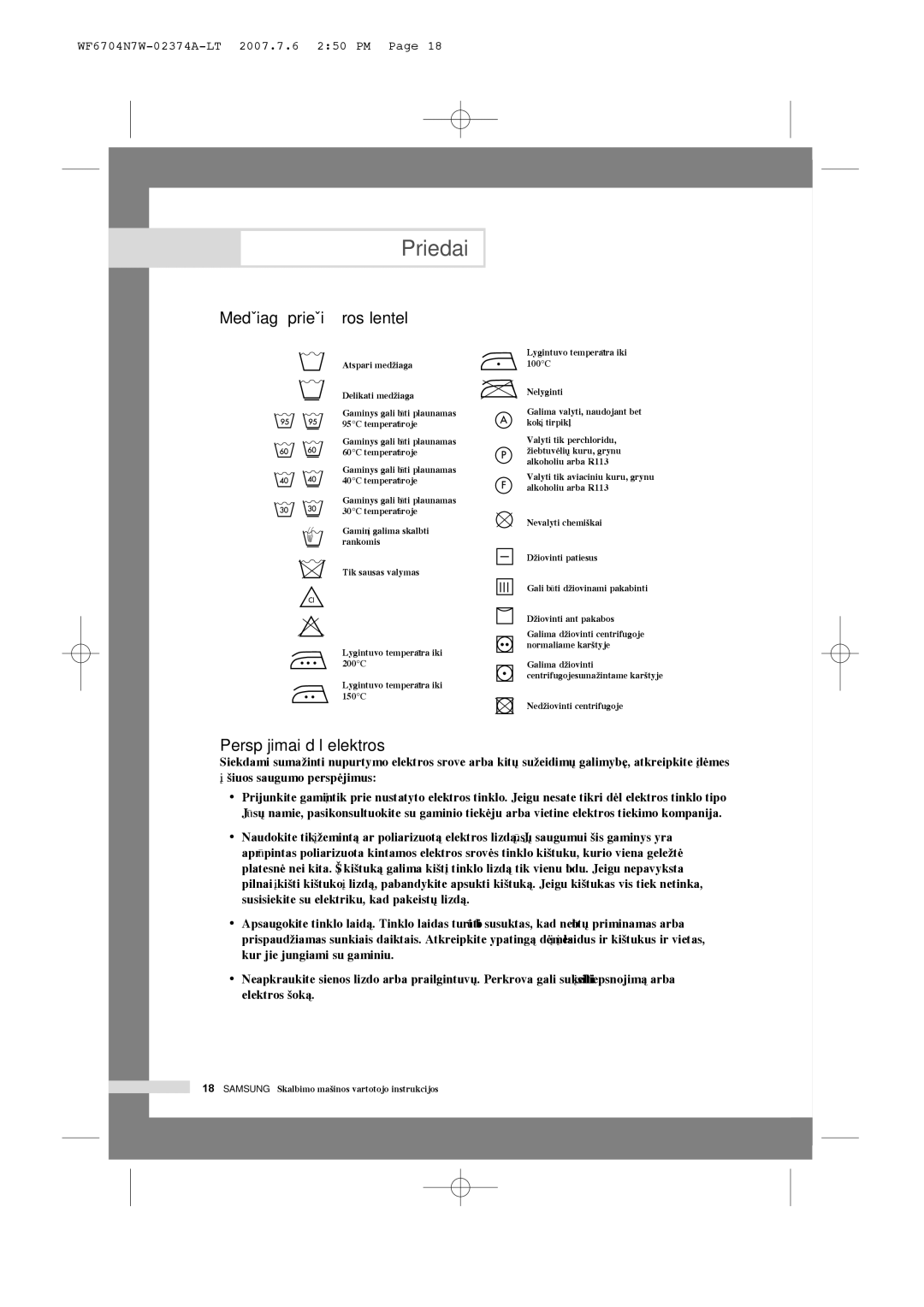 Samsung WF7350N7W/YLR, WF6528N7W/YLR, WF6458N7W/YLW manual Priedai, MedÏiag˜ prieÏiros lentelò, Perspòjimai dòl elektros 