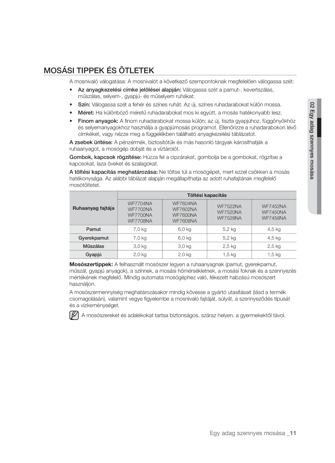 Samsung WF7522NAW/XEH, WF7450NAW/XEH manual Mosási Tippek ÉS Ötletek, Töltési kapacitás 