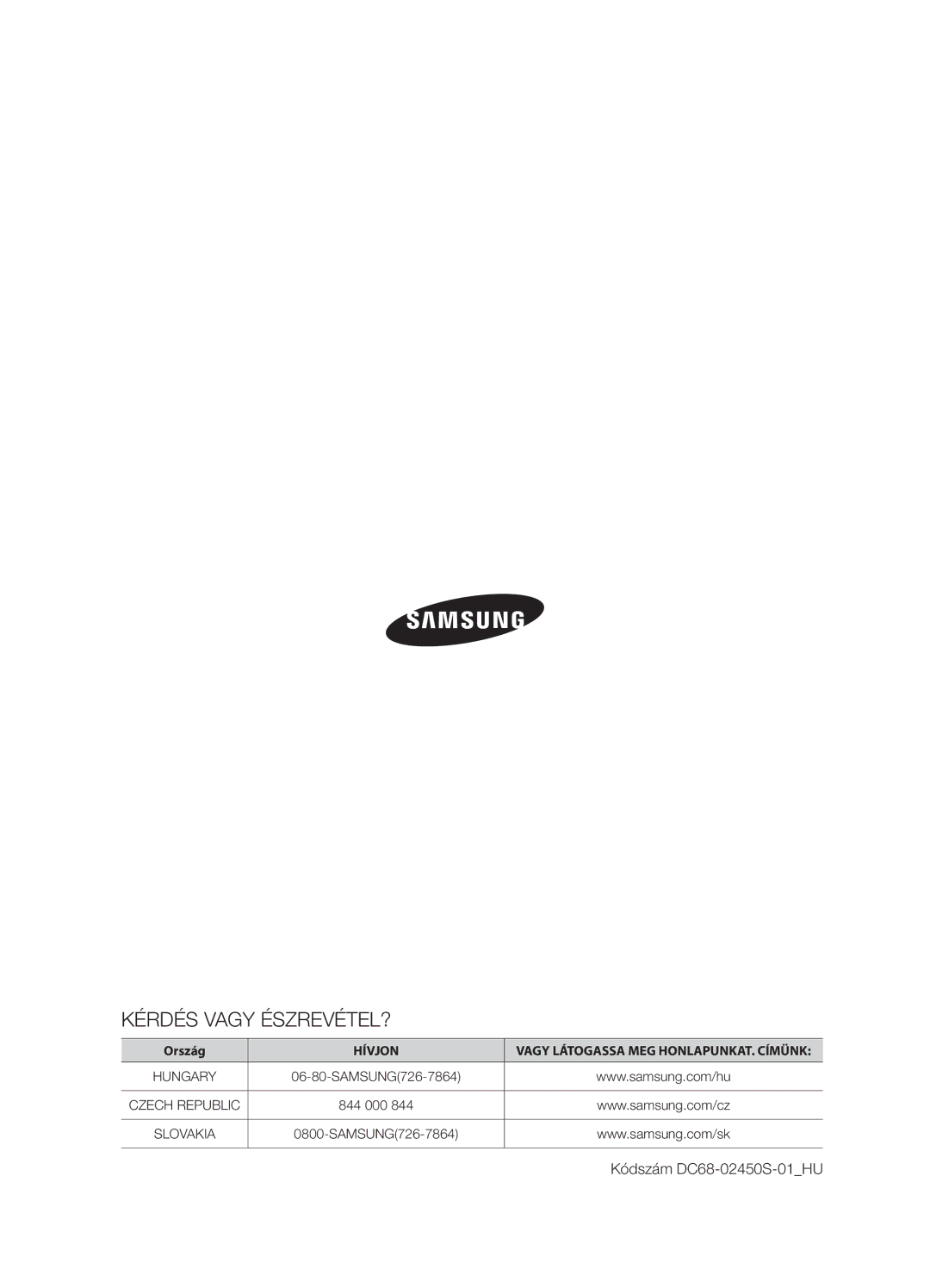 Samsung WF7450NAW/XEH, WF7522NAW/XEH manual Kérdés Vagy ÉSZREVÉTEL?, Kódszám DC68-02450S-01HU 