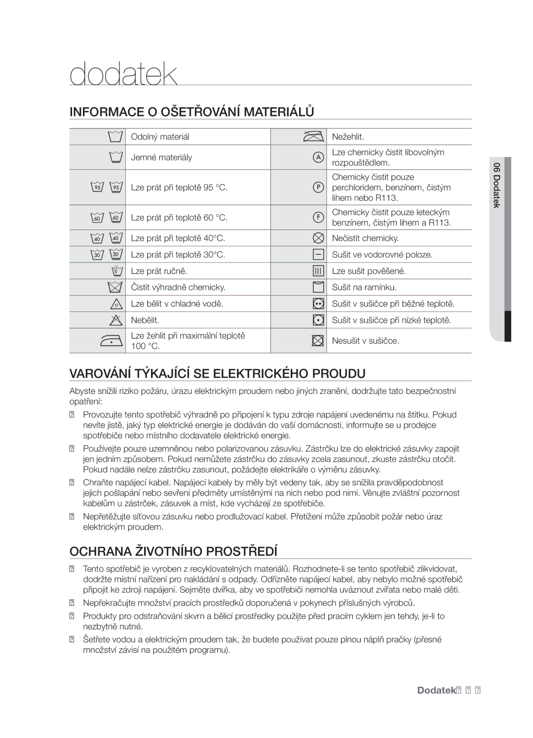 Samsung WF7522NAW/XEH, WF7450NAW/XEH Dodatek, Informace O Ošetřování Materiálů, Varování Týkající SE Elektrického Proudu 