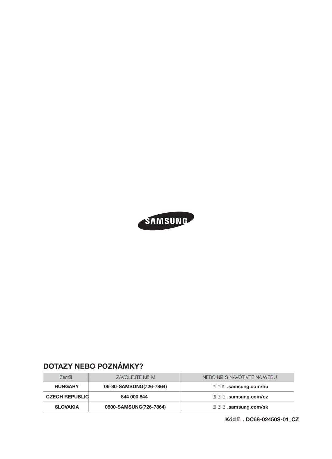 Samsung WF7450NAW/XEH, WF7522NAW/XEH manual Dotazy Nebo POZNÁMKY?, Kód č. DC68-02450S-01CZ 