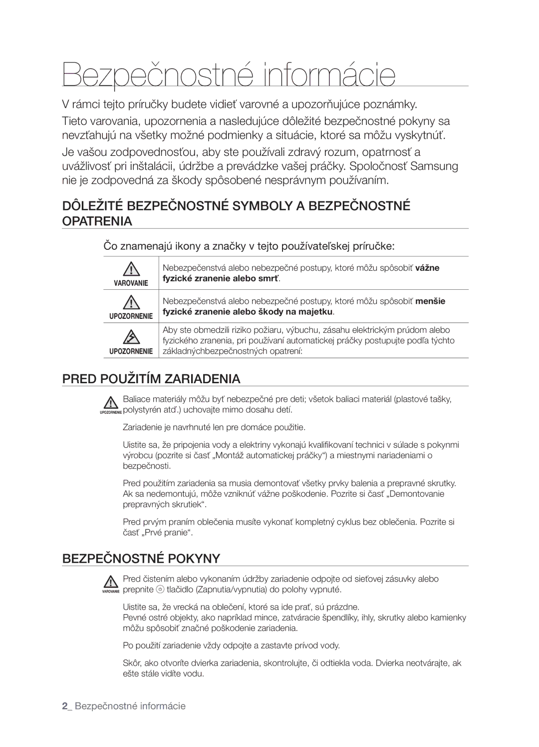 Samsung WF7450NAW/XEH Bezpečnostné informácie, Dôležité Bezpečnostné Symboly a Bezpečnostné Opatrenia, Bezpečnostné Pokyny 