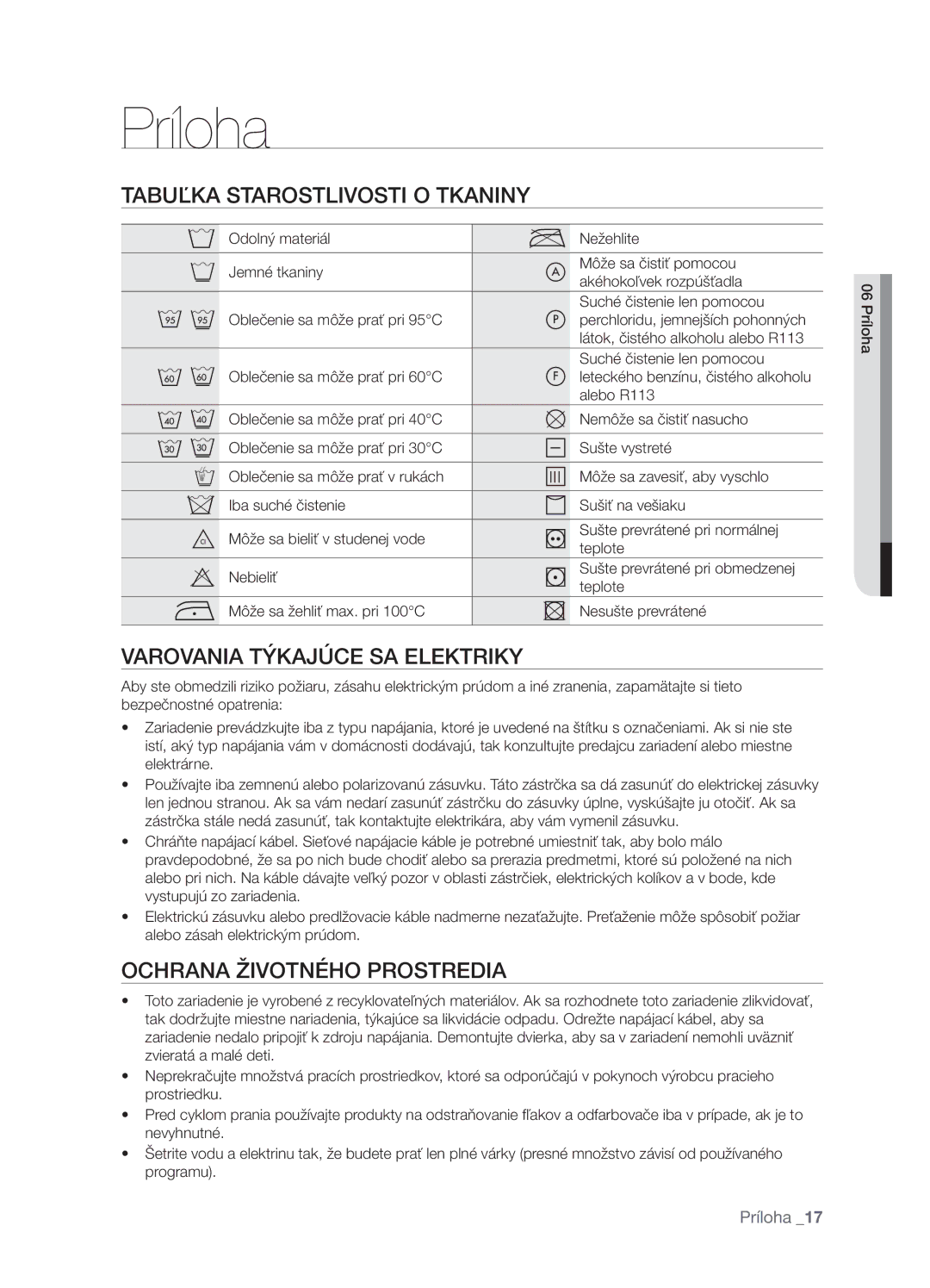 Samsung WF7522NAW/XEH, WF7450NAW/XEH manual Príloha, Tabuľka Starostlivosti O Tkaniny, Varovania Týkajúce SA Elektriky 