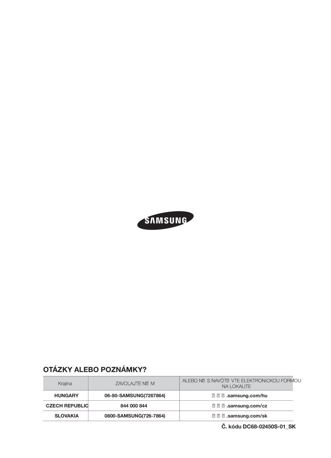 Samsung WF7450NAW/XEH, WF7522NAW/XEH manual Otázky Alebo POZNÁMKY?, Kódu DC68-02450S-01SK 