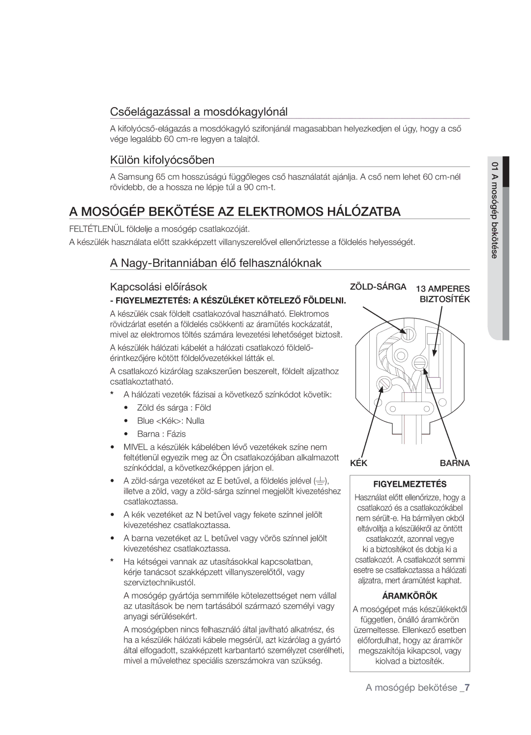 Samsung WF7522NAW/XEH manual Mosógép Bekötése AZ Elektromos Hálózatba, Csőelágazással a mosdókagylónál, Külön kifolyócsőben 