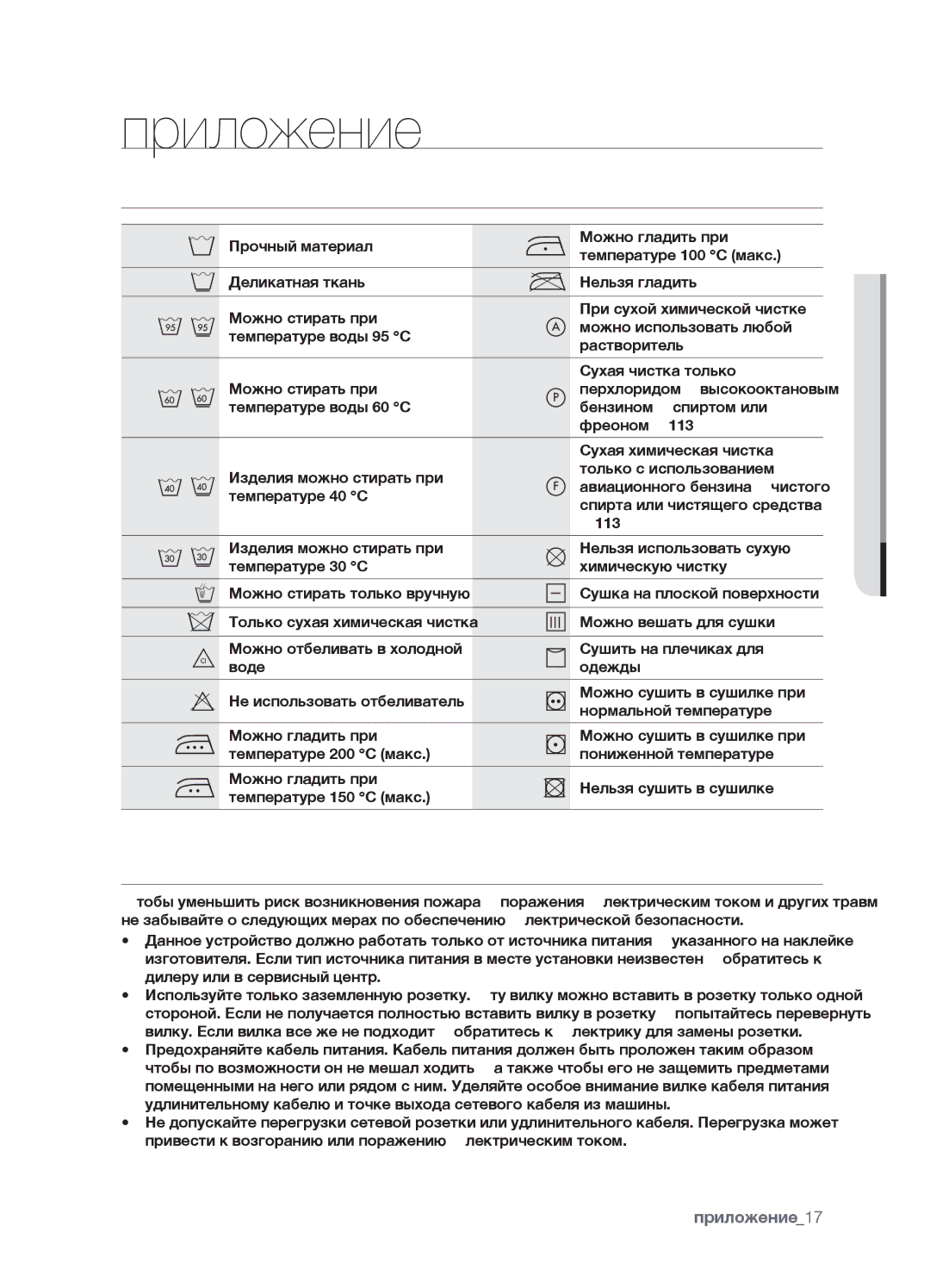 Samsung WF7602SAV/YLW, WF7450SAV/YLW, WF7602SAV/YLP, WF7450SAV/YLP manual Приложение, Описание Символов НА Этикетках Одежды 