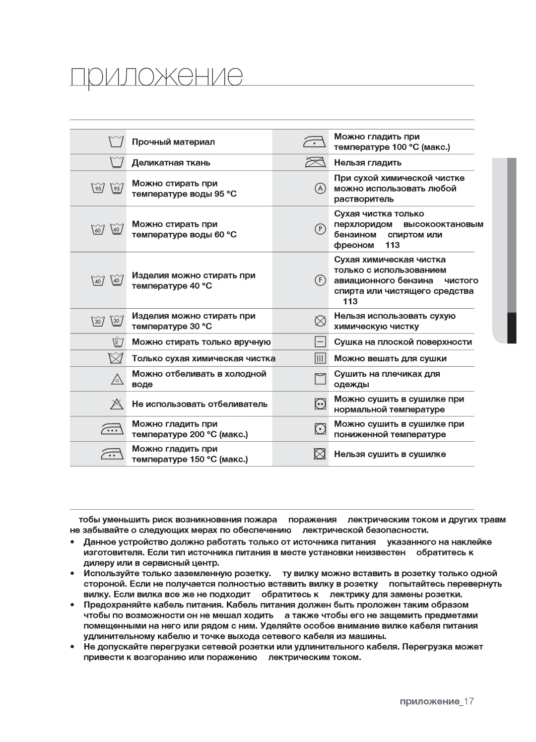 Samsung WF7450SAV/YLP, WF7450SAV/YLW, WF7602SAV/YLW, WF7602SAV/YLP manual Приложение, Описание Символов НА Этикетках Одежды 