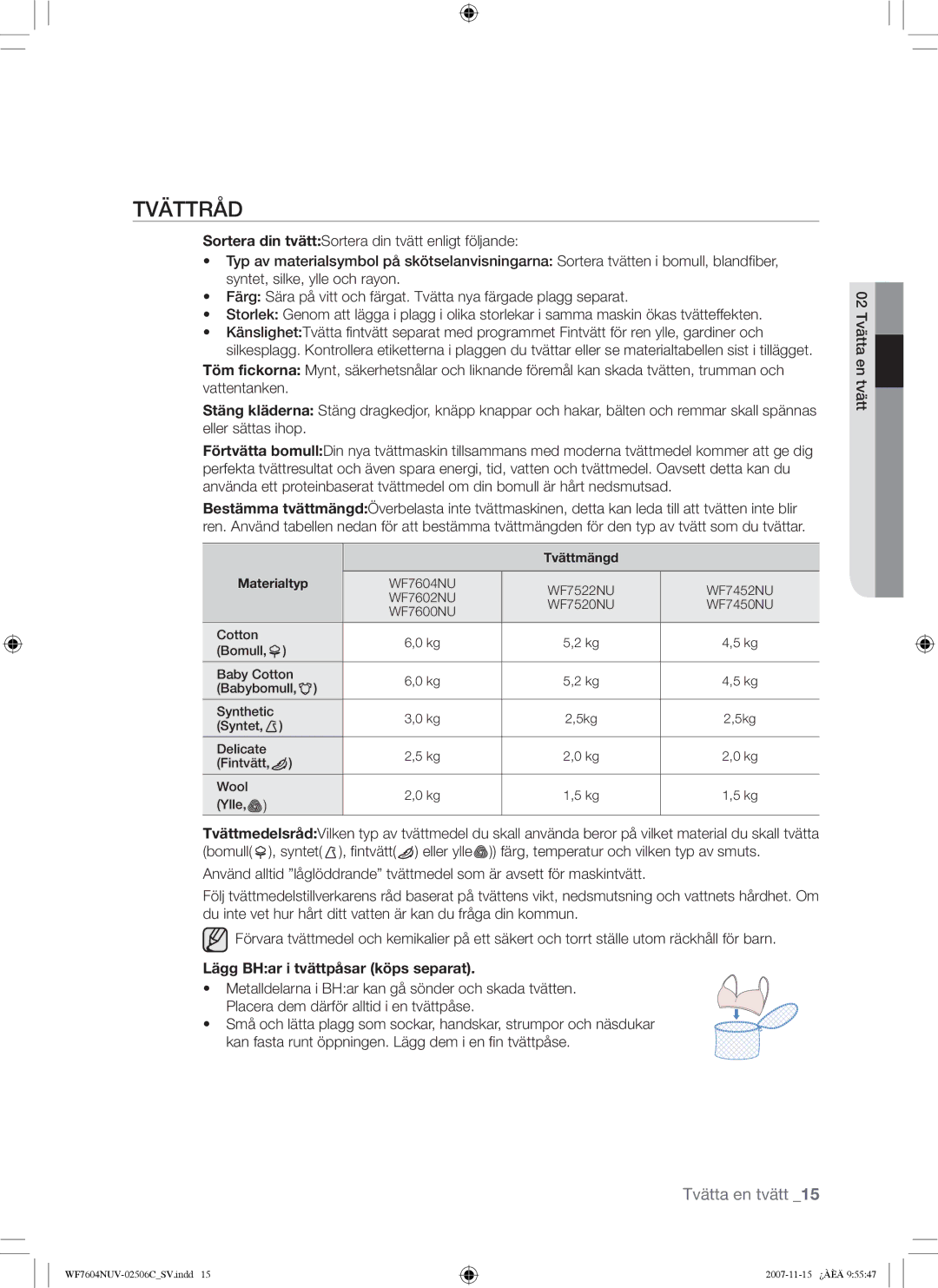 Samsung WF7452NUW/XEE manual Tvättråd, Lägg BHar i tvättpåsar köps separat 