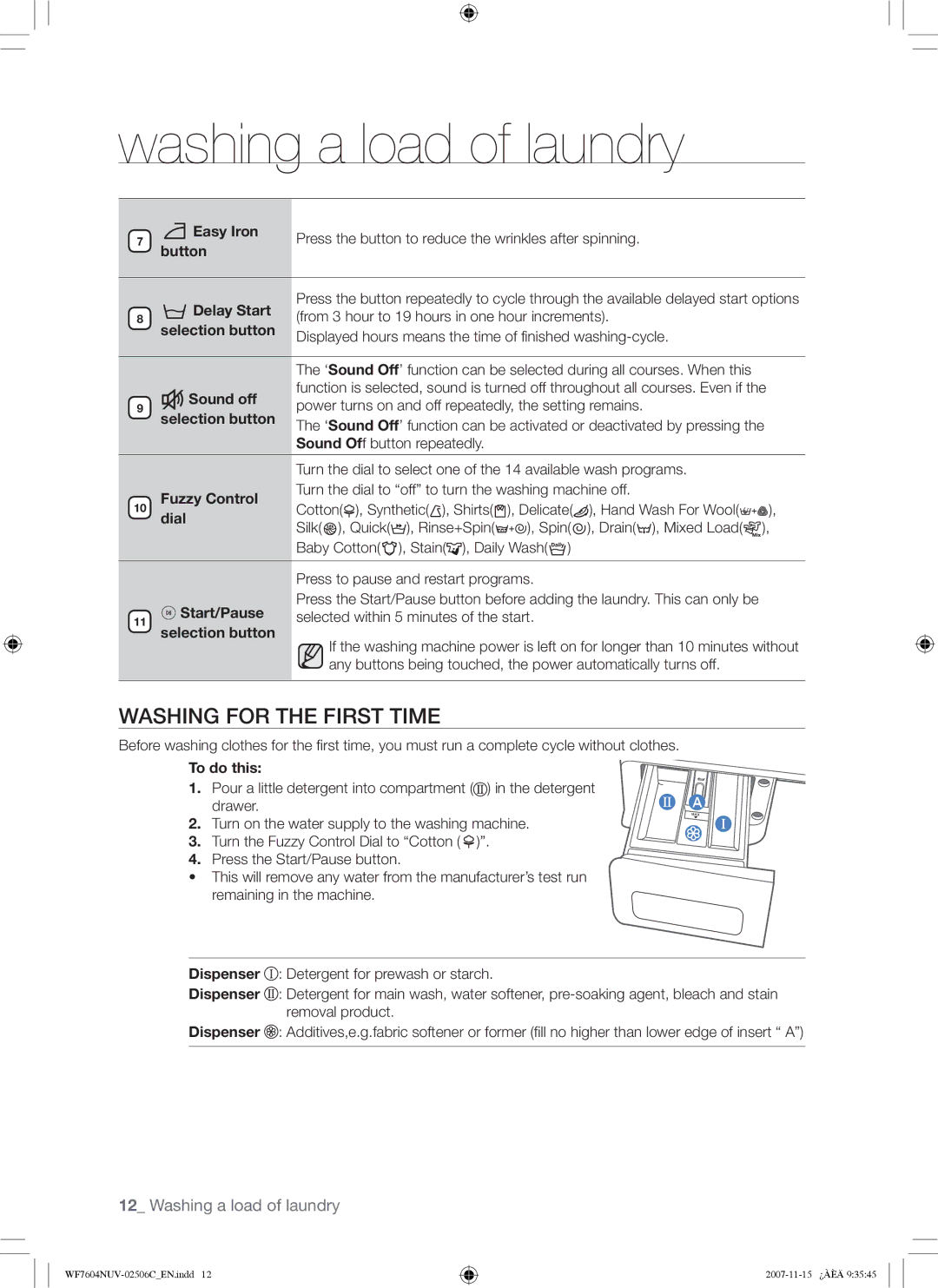 Samsung WF7452NUW/XEE manual Washing for the First Time 