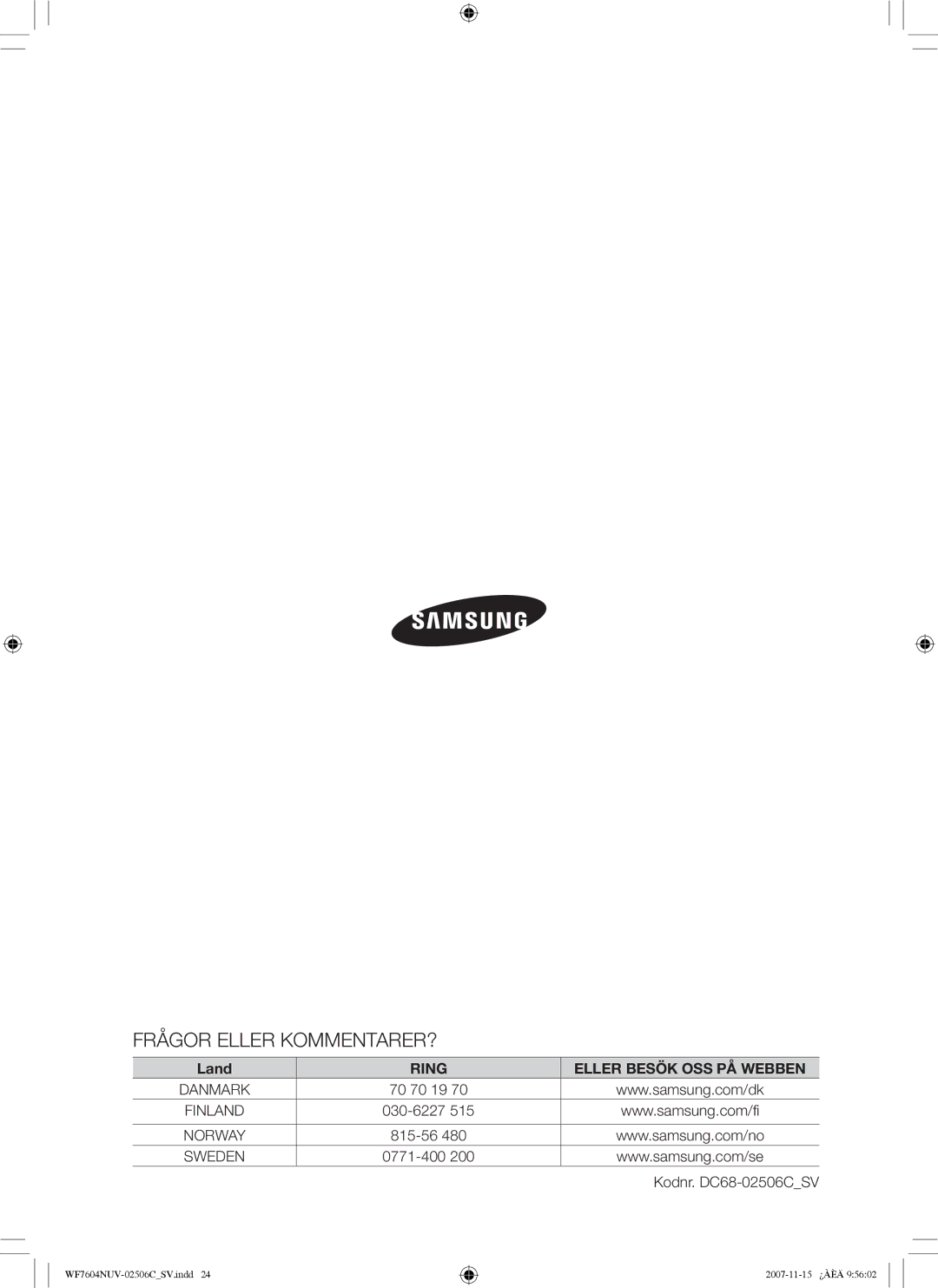 Samsung WF7452NUW/XEE manual Ring Eller Besök OSS PÅ Webben, Kodnr. DC68-02506CSV 