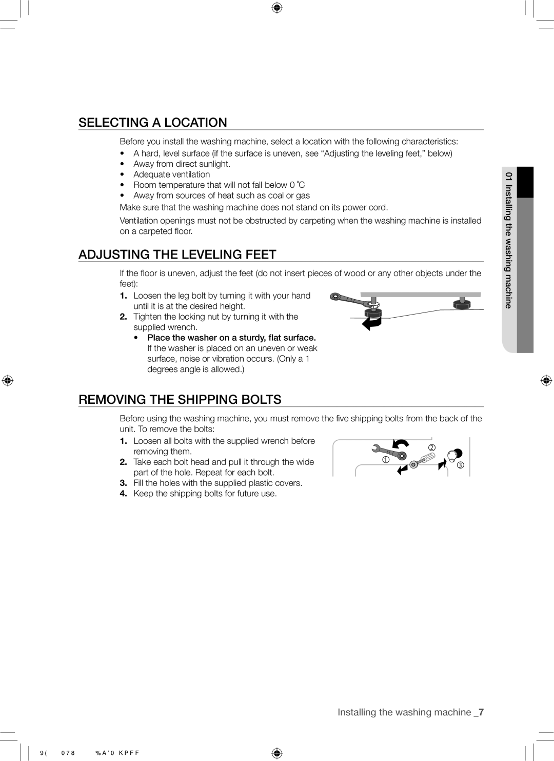 Samsung WF7452NUW/XEE manual Selecting a Location, Adjusting the Leveling Feet, Removing the Shipping Bolts 