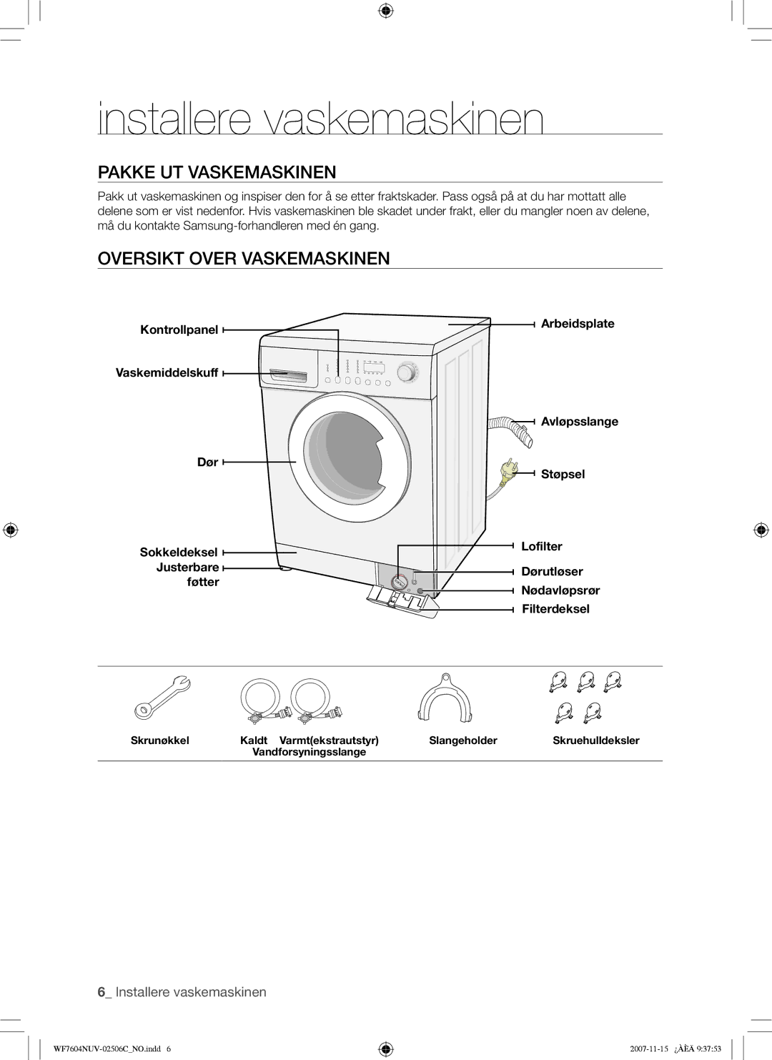 Samsung WF7452NUW/XEE manual Installere vaskemaskinen, Pakke UT Vaskemaskinen, Oversikt Over Vaskemaskinen, Avløpsslange 