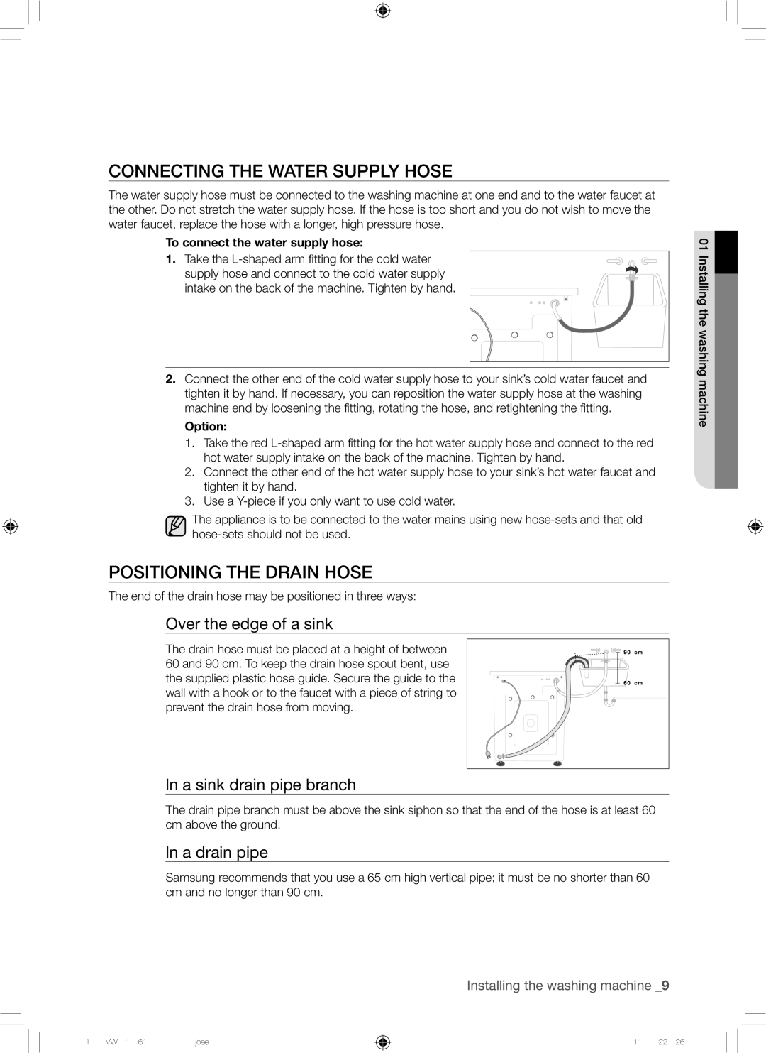 Samsung WF7452NUW/XEE manual Connecting the Water Supply Hose, Positioning the Drain Hose, Over the edge of a sink 