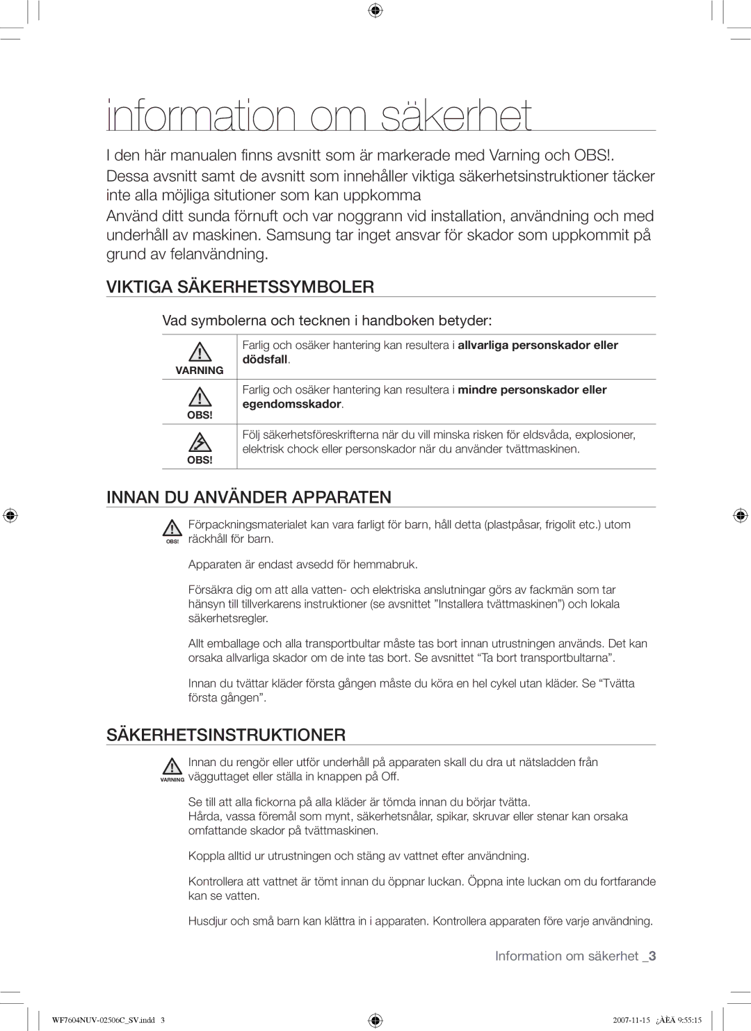 Samsung WF7452NUW/XEE manual Information om säkerhet, Viktiga Säkerhetssymboler, Innan DU Använder Apparaten 