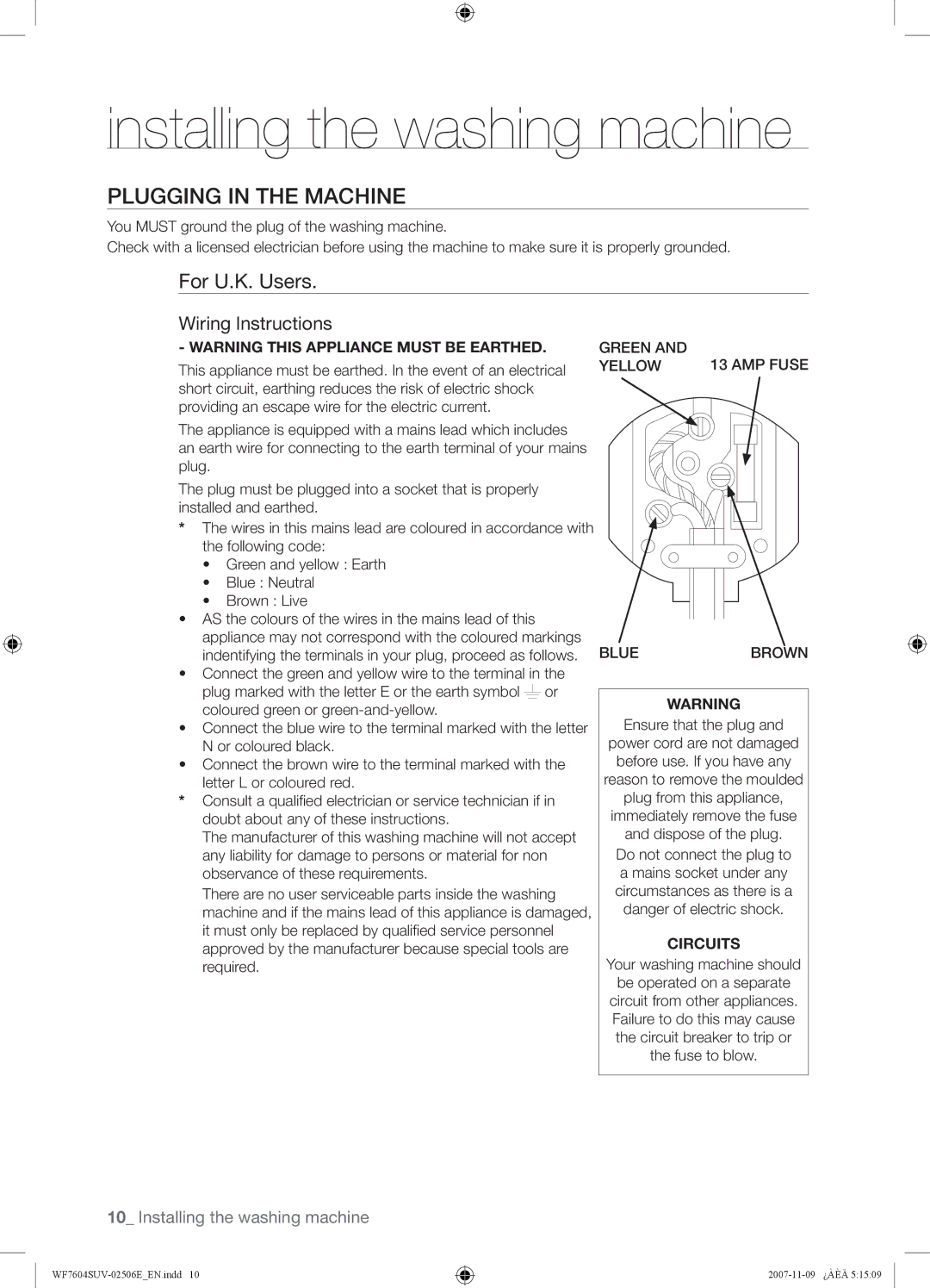 Samsung WF7452SUV/YLR, WF7522SUV/YLR Plugging in the Machine, For U.K. Users, Wiring lnstructions, Ensure that the plug 