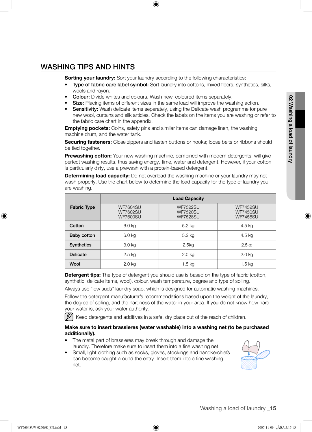 Samsung WF7452SUV/YLP, WF7452SUV/YLR, WF7522SUV/YLR, WF7450SUV/YLR manual Washing Tips and Hints, Load Capacity Fabric Type 