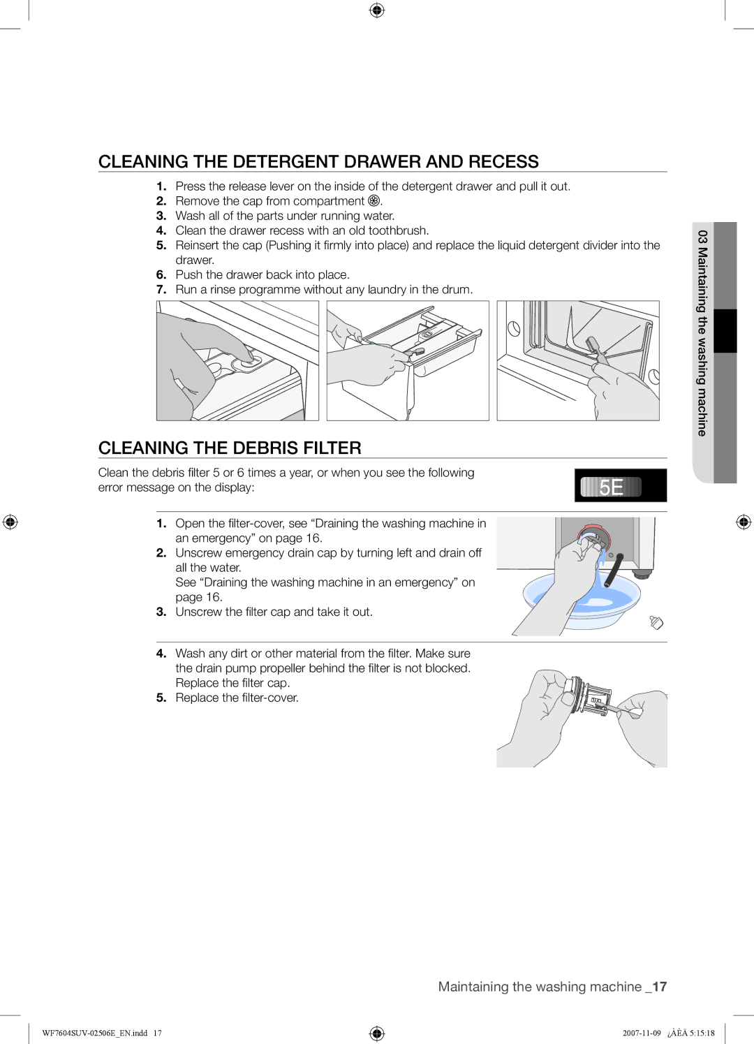 Samsung WF7520SUV/YLP, WF7452SUV/YLR, WF7522SUV/YLR Cleaning the Detergent Drawer and Recess, Cleaning the Debris Filter 