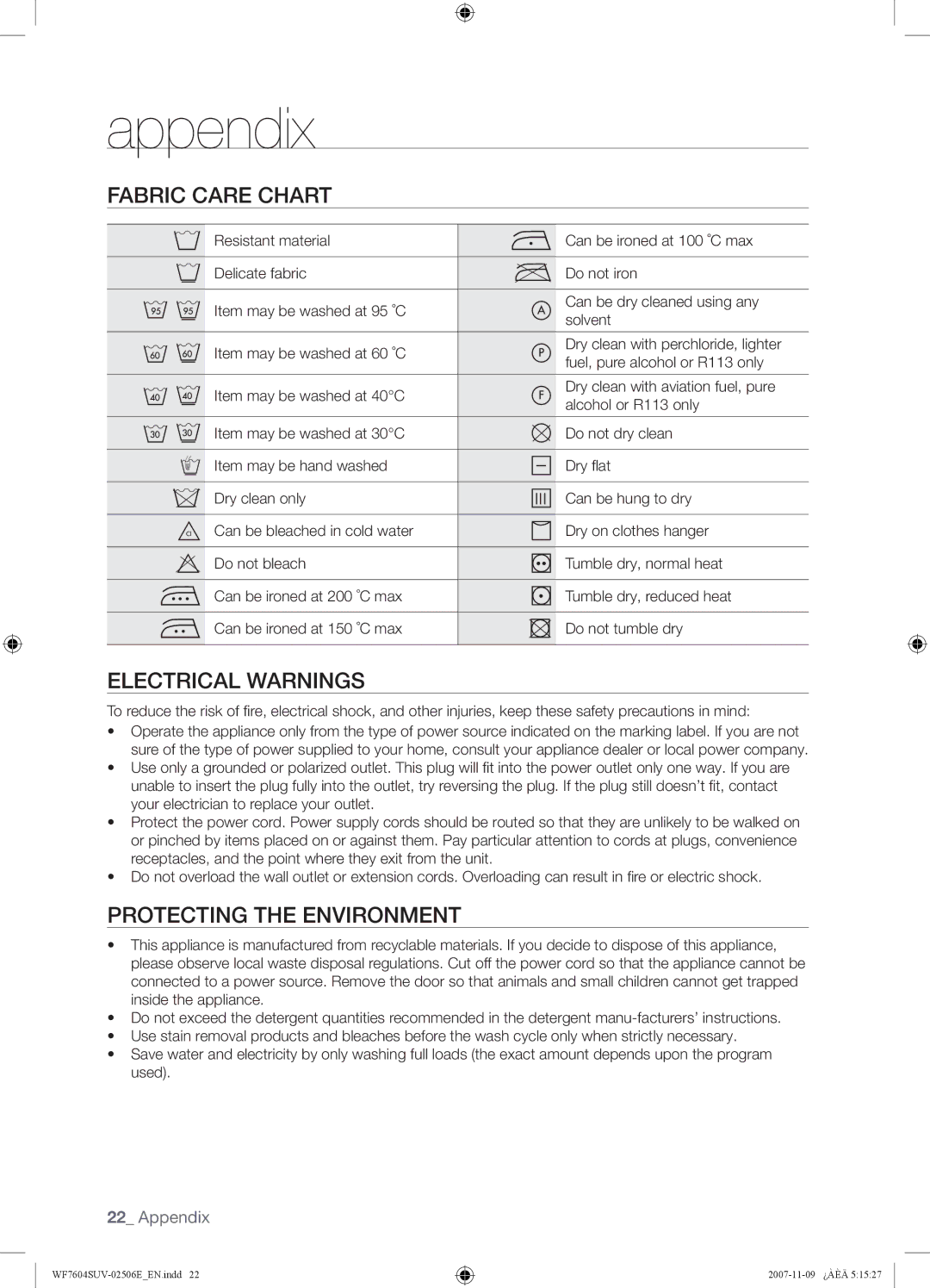 Samsung WF7450SUV/YLR, WF7452SUV/YLR manual Appendix, Fabric Care Chart, Electrical Warnings, Protecting the Environment 