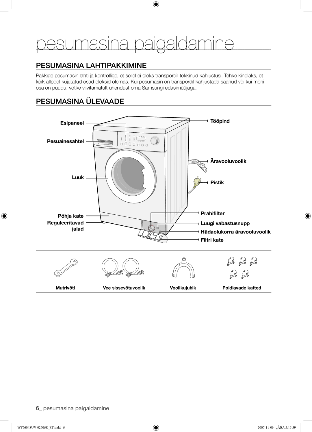 Samsung WF7452SUV/YLR, WF7522SUV/YLR, WF7450SUV/YLR Pesumasina paigaldamine, Pesumasina Lahtipakkimine, Pesumasina Ülevaade 