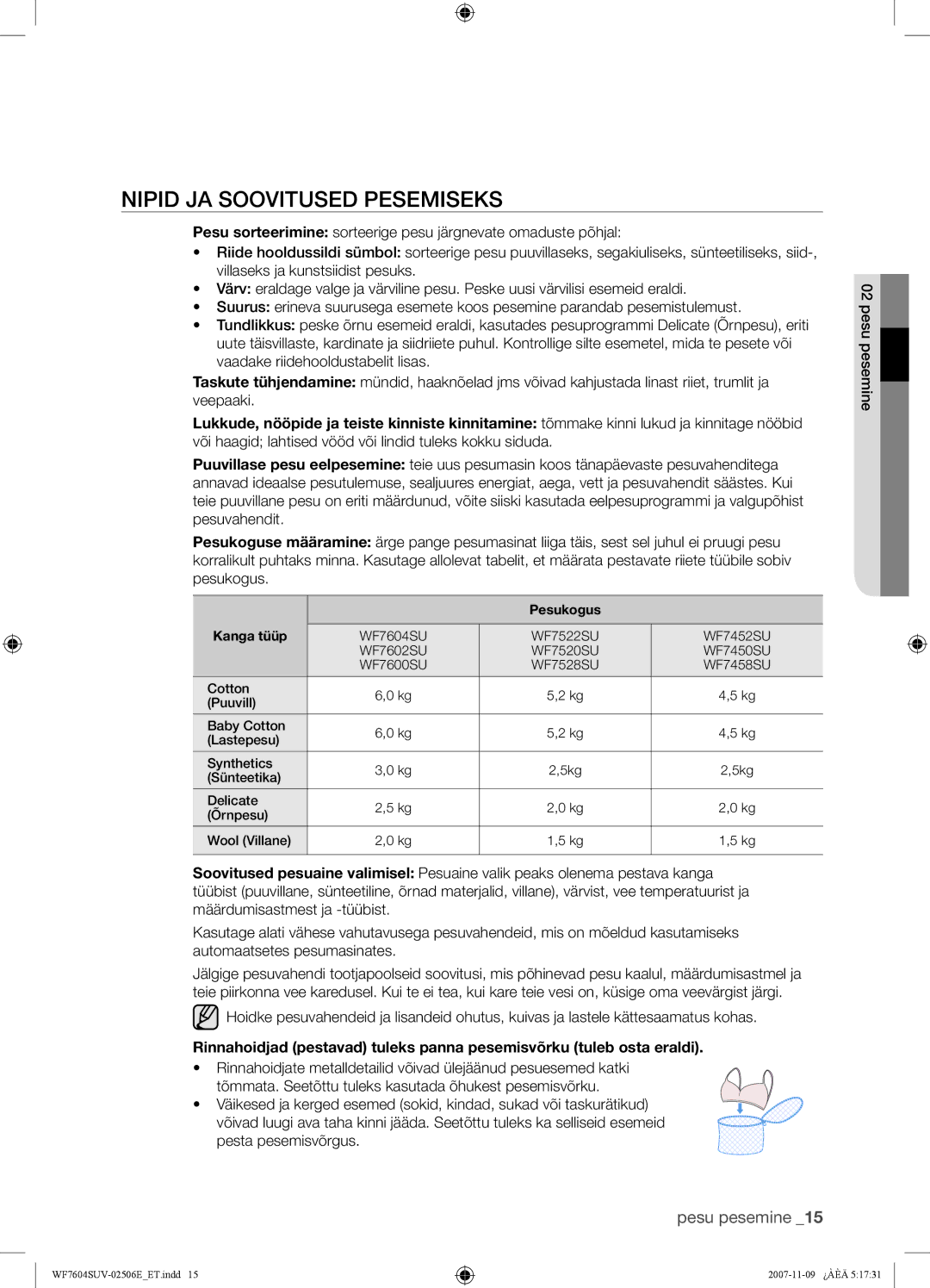 Samsung WF7522SUV/YLW manual Nipid JA Soovitused Pesemiseks, Tõmmata. Seetõttu tuleks kasutada õhukest pesemisvõrku 