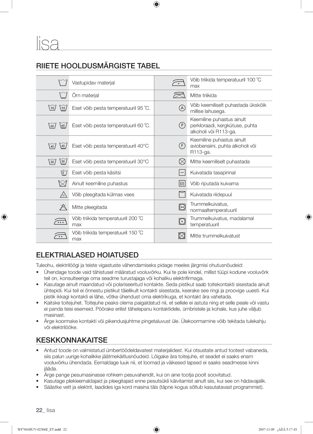 Samsung WF7450SUV/YLP, WF7452SUV/YLR manual Lisa, Riiete Hooldusmärgiste Tabel, Elektrialased Hoiatused, Keskkonnakaitse 