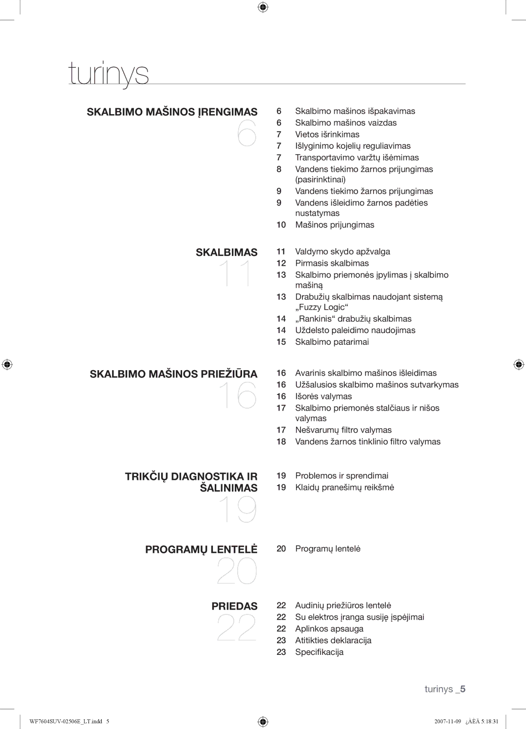 Samsung WF7520SUV/YLR, WF7452SUV/YLR, WF7522SUV/YLR, WF7450SUV/YLR Turinys, Problemos ir sprendimai Klaidų pranešimų reikšmė 