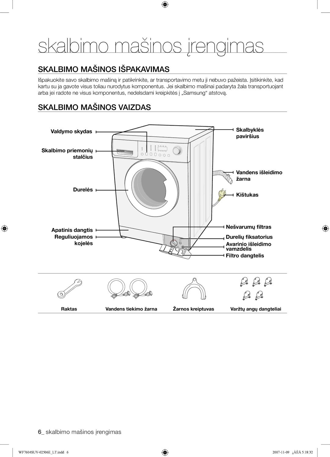 Samsung WF7520SUV/YLW, WF7452SUV/YLR Skalbimo mašinos įrengimas, Skalbimo Mašinos Išpakavimas, Skalbimo Mašinos Vaizdas 