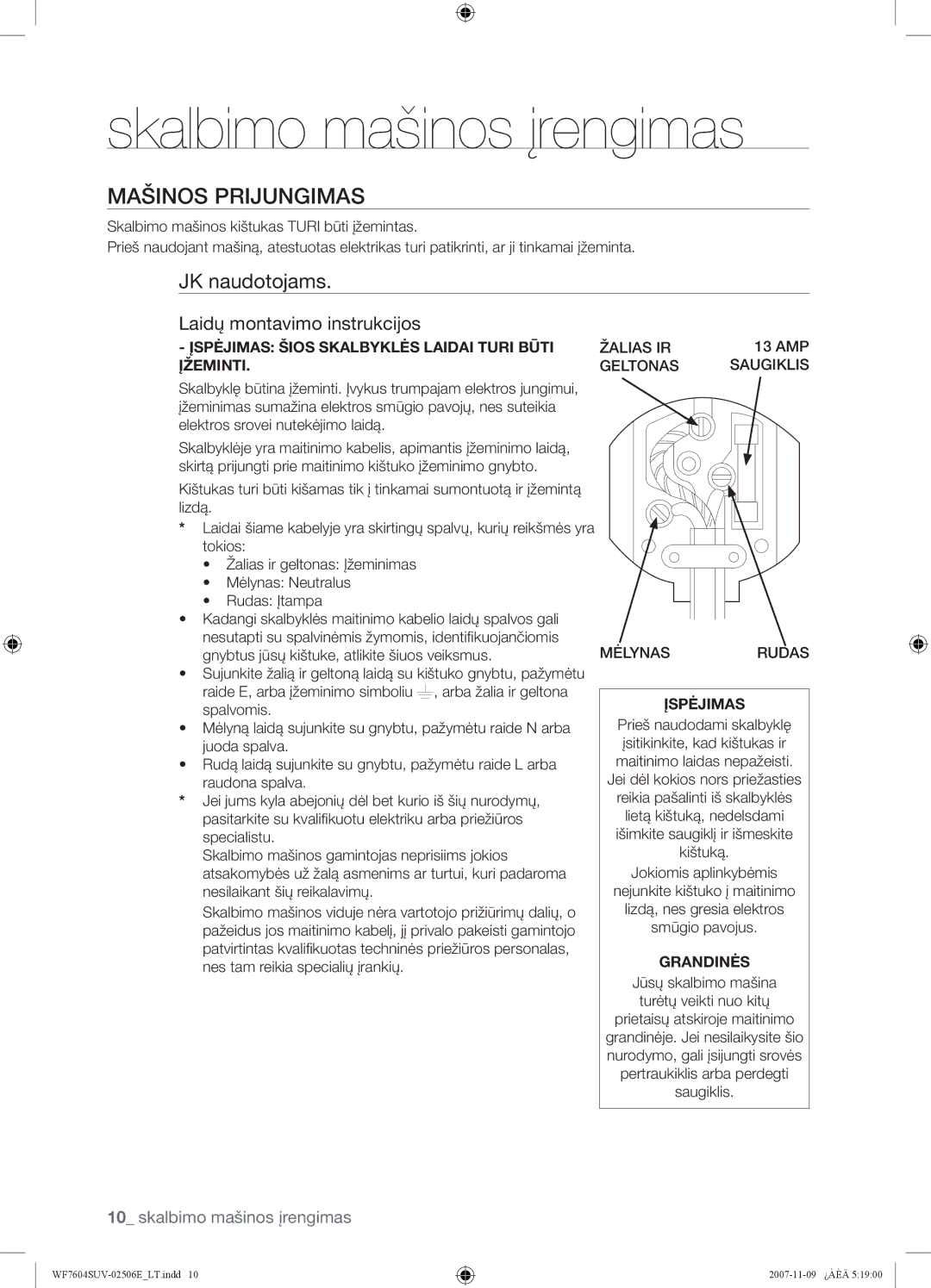 Samsung WF7522SUV/YLP, WF7452SUV/YLR manual Mašinos Prijungimas, JK naudotojams, Laidų montavimo instrukcijos, 13 AMP 