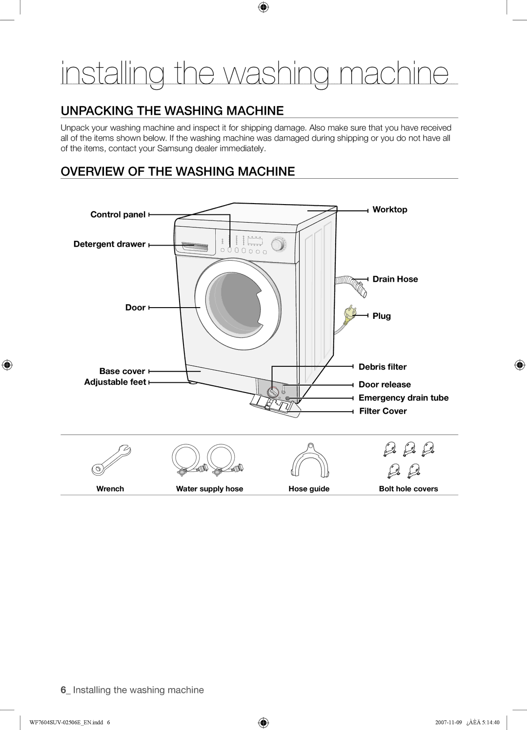 Samsung WF7450SUV/YLP manual Installing the washing machine, Unpacking the Washing Machine, Overview of the Washing Machine 