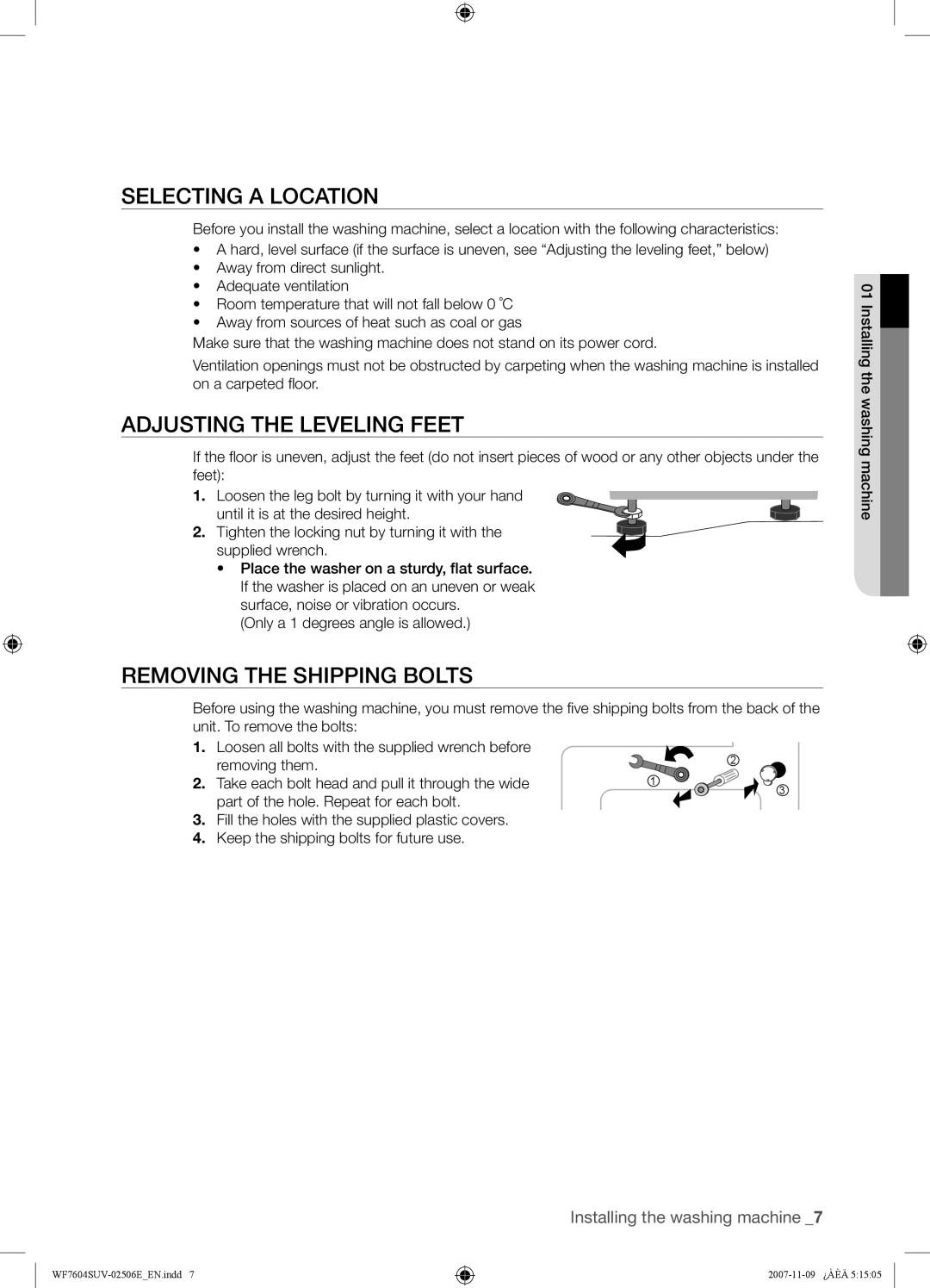 Samsung WF7520SUV/YLP, WF7452SUV/YLR manual Selecting a Location, Adjusting the Leveling Feet, Removing the Shipping Bolts 