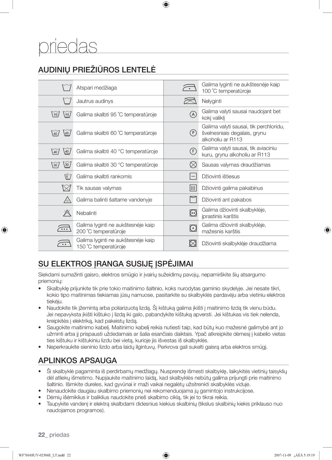 Samsung WF7452SUV/YLR manual Priedas, Audinių Priežiūros Lentelė, SU Elektros Įranga Susiję Įspėjimai, Aplinkos Apsauga 